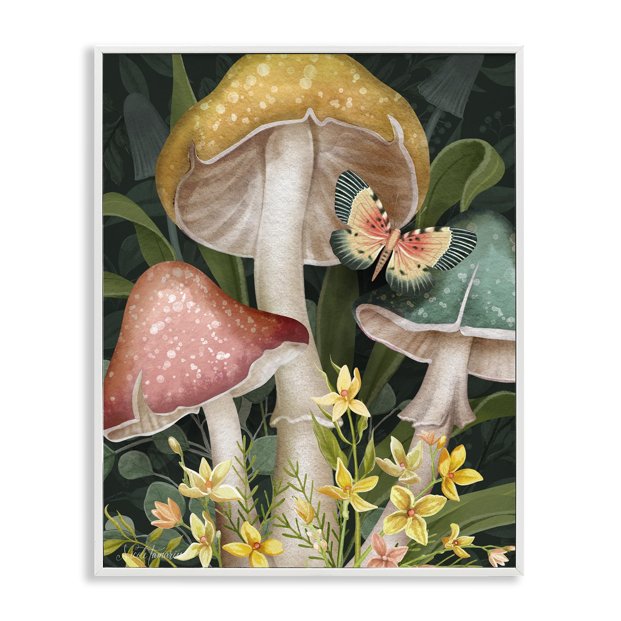 Stupell Industries Midnight Garden Mushrooms Butterfly 'Midnight Garden Mushrooms', Framed Giclee Art, White, 24 X 30 Inches, Easy To Hang And Sturdy, Made In Usa, By Nicole Tamarin
