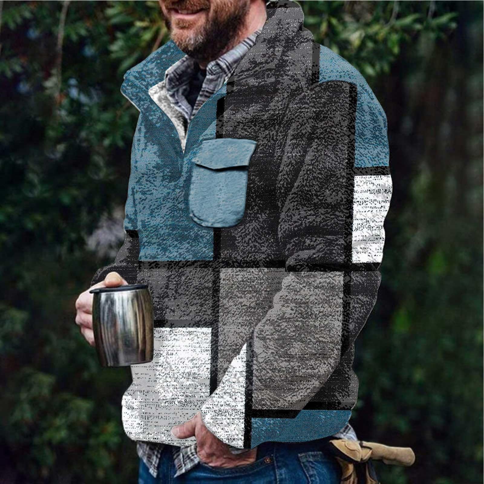 Generisch Sudadera para hombre - Sudadera de invierno con estampado de cuadros irregulares, sudadera doble de lana, sudadera de felpa informal a la moda