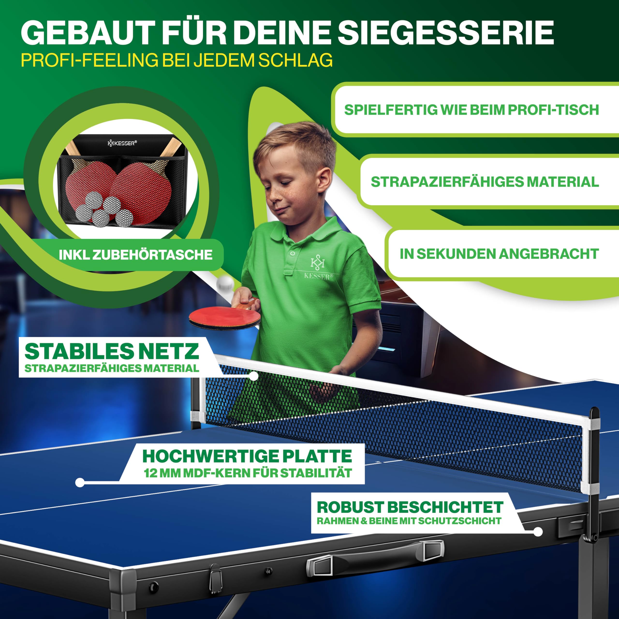 KESSER Mini tavolo da ping pong per esterni, con set di racchette da ping pong, palline da ping pong e rete T, resistente alle intemperie, laminato, pieghevole, per viaggi, design a valigia, 153 x