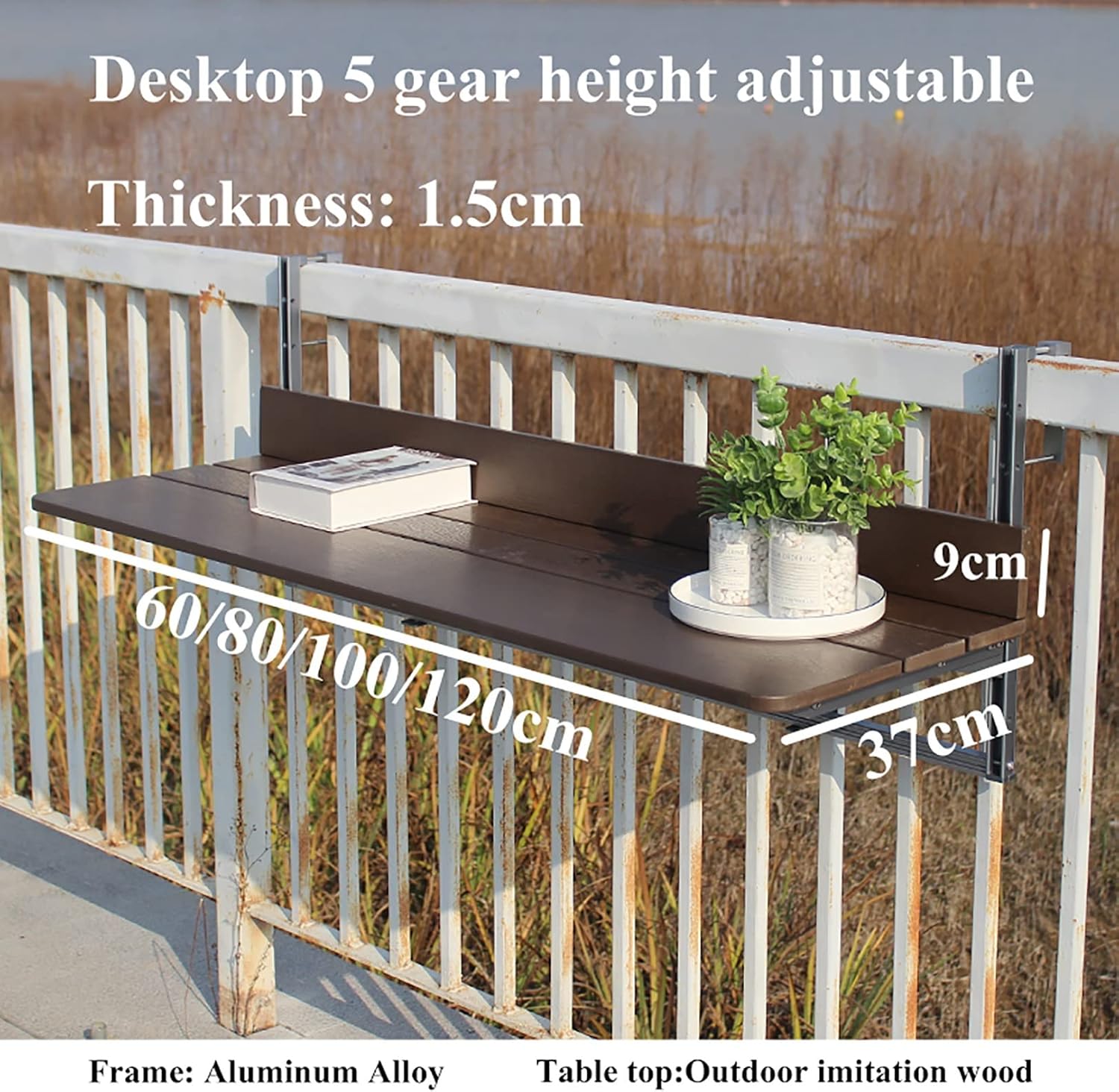 Solid Wood Outdoor Balcony Table, Adjustable Foldable Railing Bar Table for Patio & Pool, Metal Coffee Side Table, Laptop Desk & Plant Stand, Small Dining Table