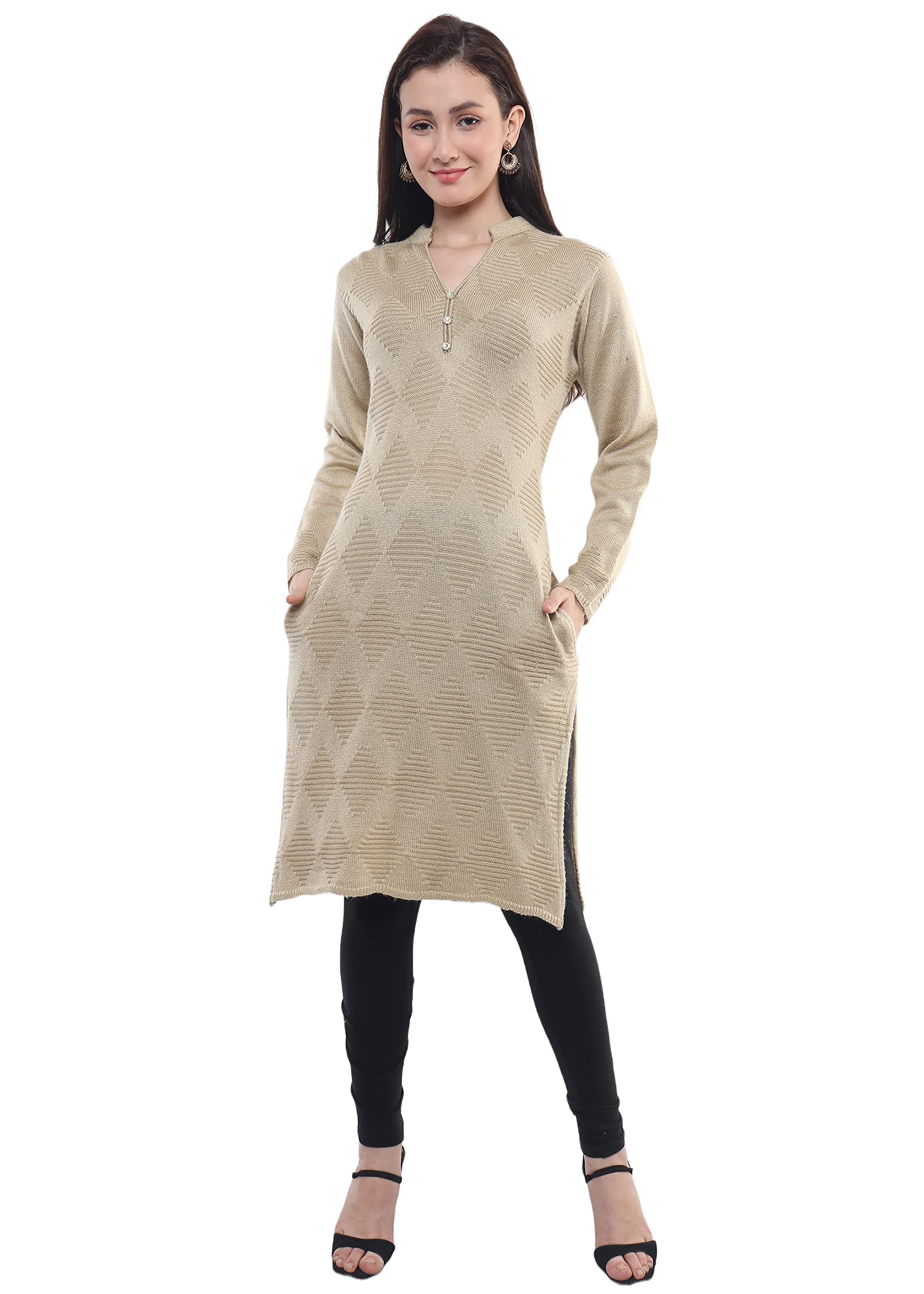 REBECCA Rosary Women's Winter Wear Solid Woolen Warm Straight Fit Kurti With 2 Side Pockets, RF3116CAMEL-,Large