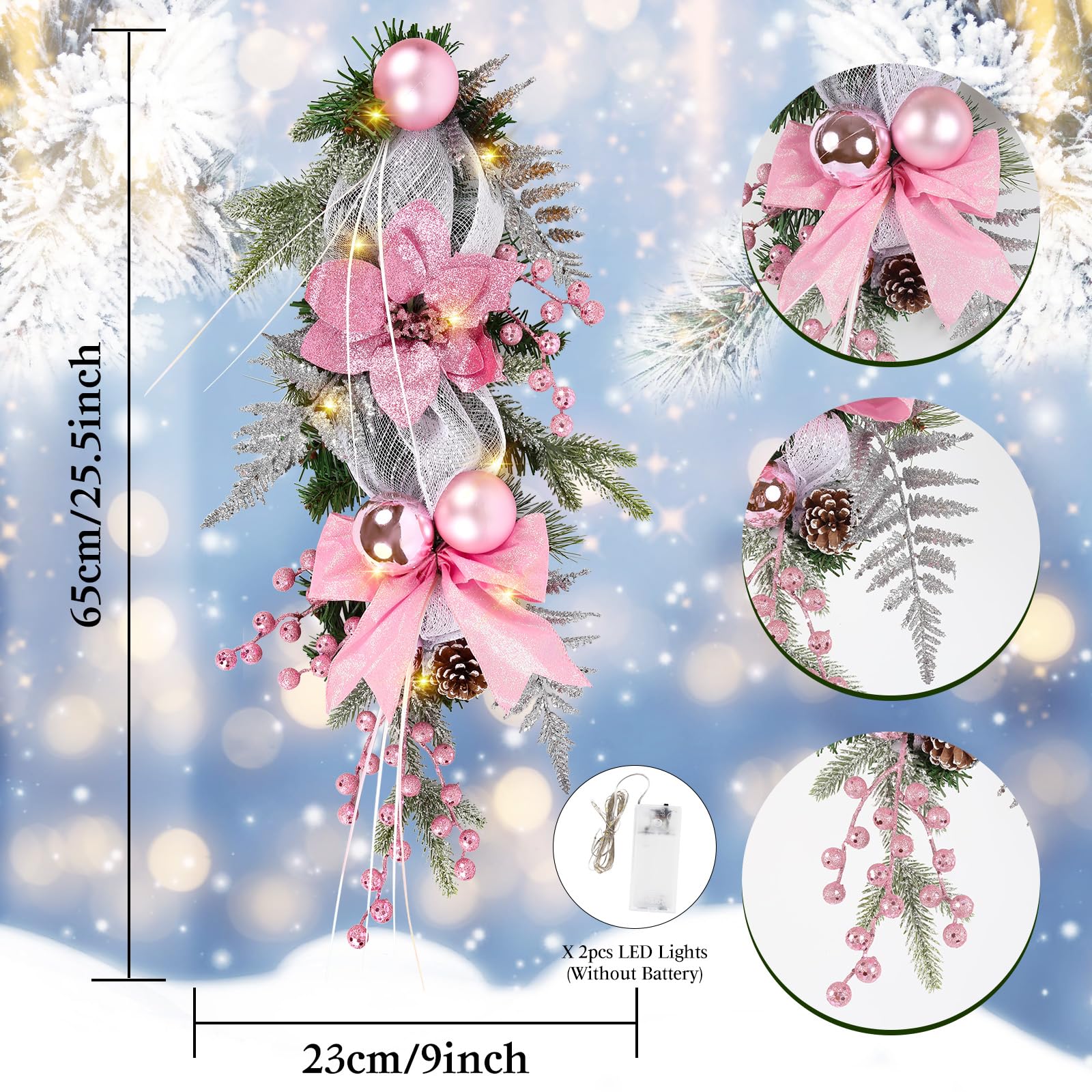 IPOPU Paquete de 2 guirnaldas de lágrima de Navidad, coronas de lágrima iluminadas de 25.5 pulgadas con lazo, bayas rojas, piña, guirnaldas de Navidad colgantes para puerta, ventana, chimenea
