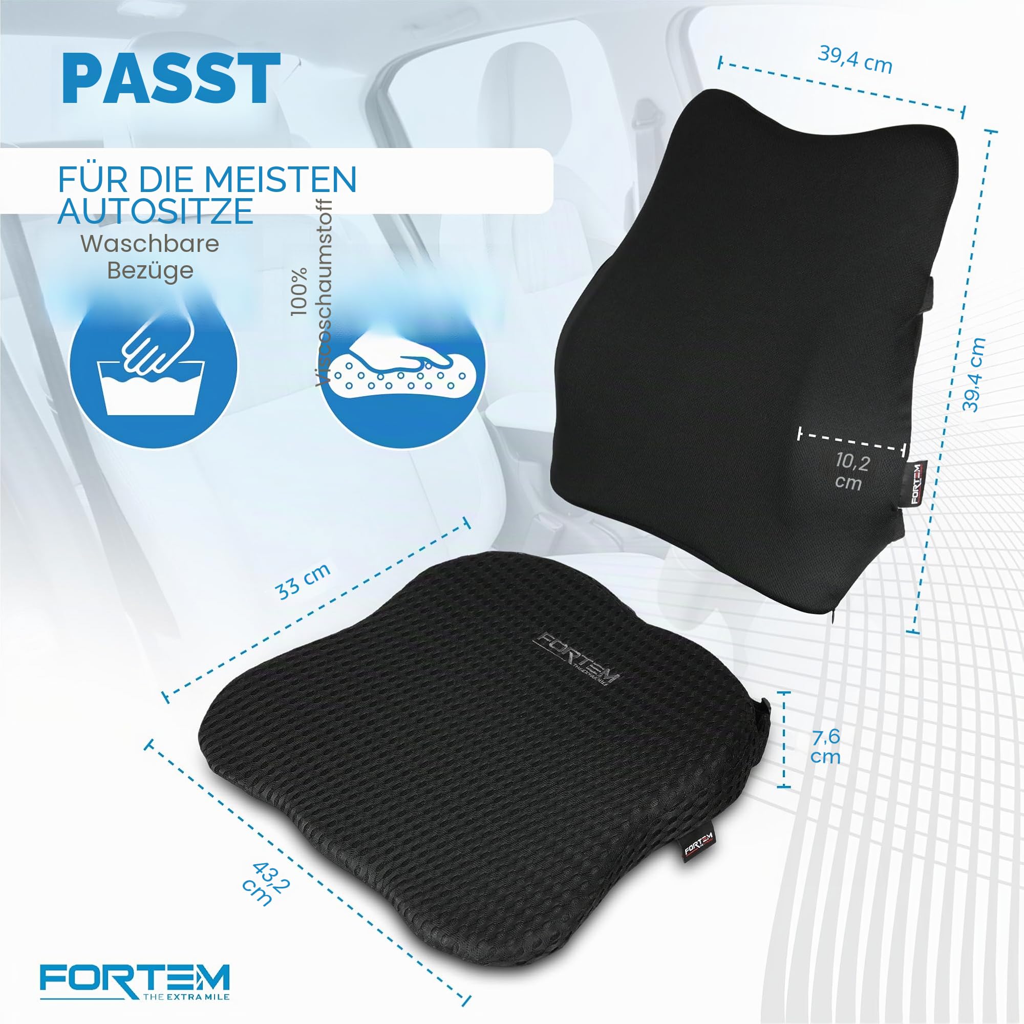 FORTEM Sitz- und Rückenkissen fürs Auto – Memory-Schaum, Keilkissen, Lendenstütze, rutschfest, Verstellbare Gurte, Abnehmbarer Bezug
