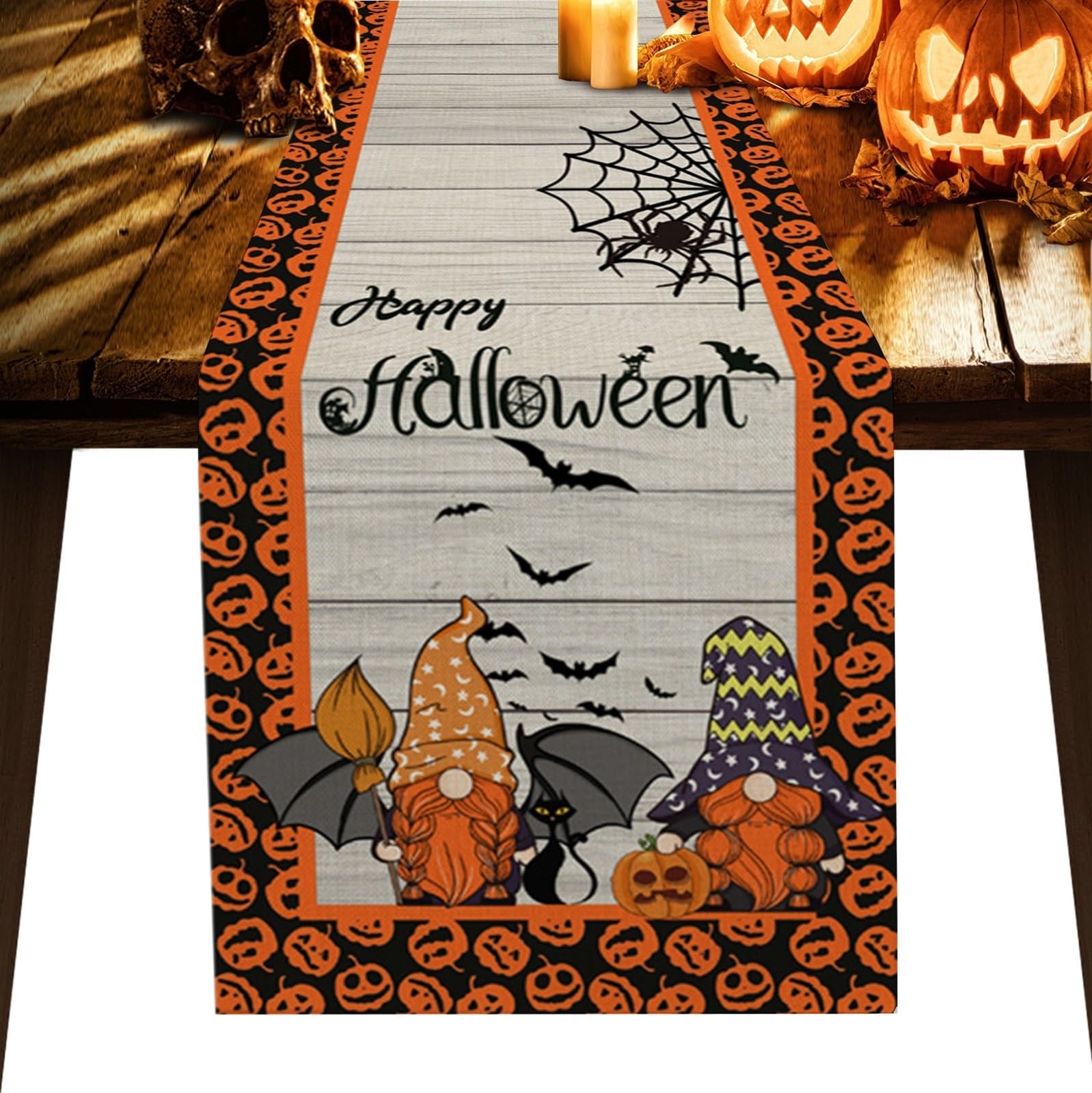 Bieżnik na Halloween, świąteczna dekoracja na kolację Straszne uśmiechnięte dynie Nietoperze Dekoracja świąteczna Bieżnik Wystrój stołu(9,200x33cm)
