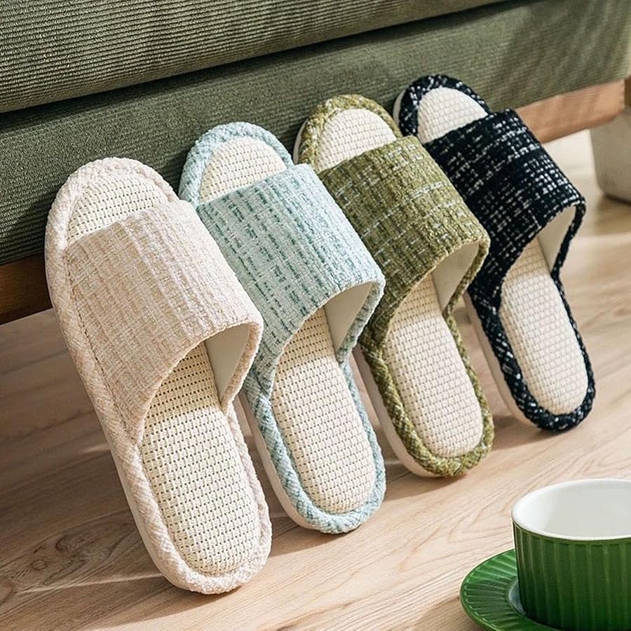 Oniphia Leinen Hausschlappen Damen - Atmungsaktive Gästehausschuhe Waschbar