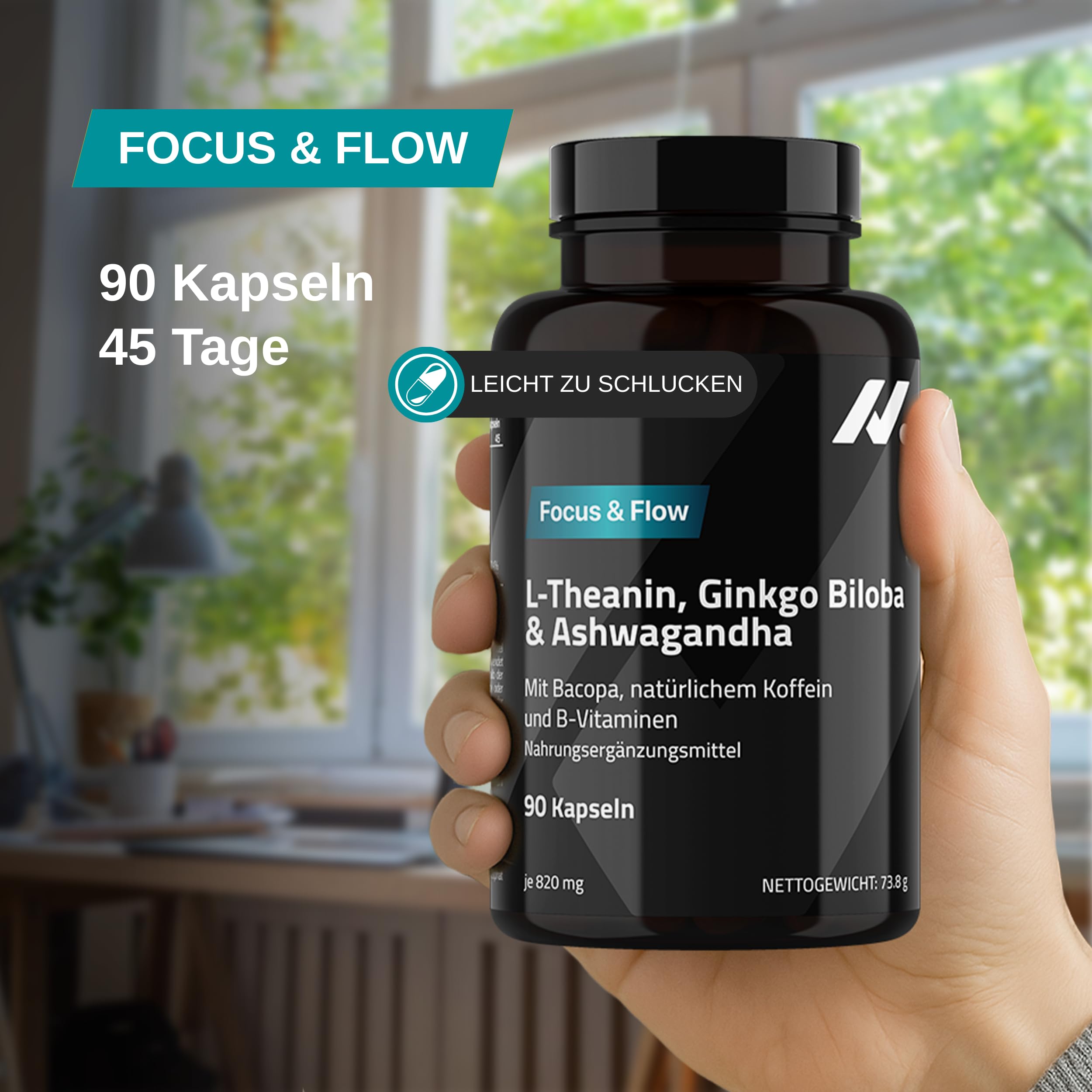 L Theanin, Ginkgo Biloba, Ashwagandha – Nootropic mit Bacopa Monnieri, natürlichem Koffein, Vitamin B6 & B12 hochdosiert | Focus, Konzentration & Energie ohne Nervosität | 90 vegane Kapseln