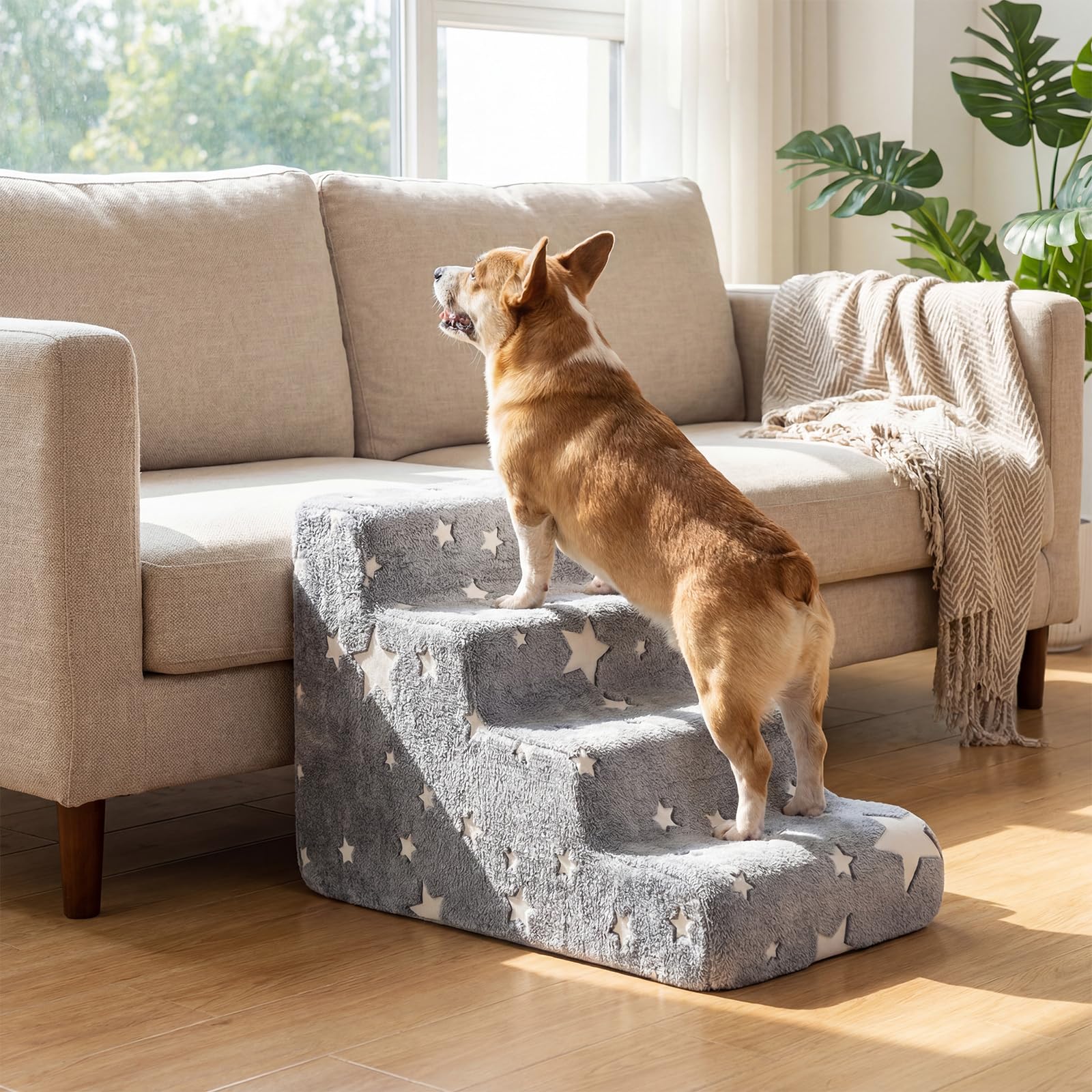 DREAMADE Hundetreppe 50 cm Hoch mit leuchtenden Mustern, Haustiertreppe aus hochdichtem Schaumstoff mit waschbarem Bezug, Katzentreppe mit Rutschfester Boden, für Couch, Sofa & Bett (4 stufig)