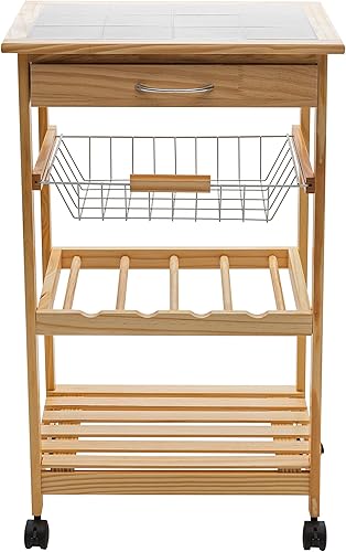 Miniatura 6 de Organize It All Carrito de cocina móvil multiusos de madera de pino natural, dimensiones 18.5 x 30 x 14.5 pulgadas, parte superior de azulejos,