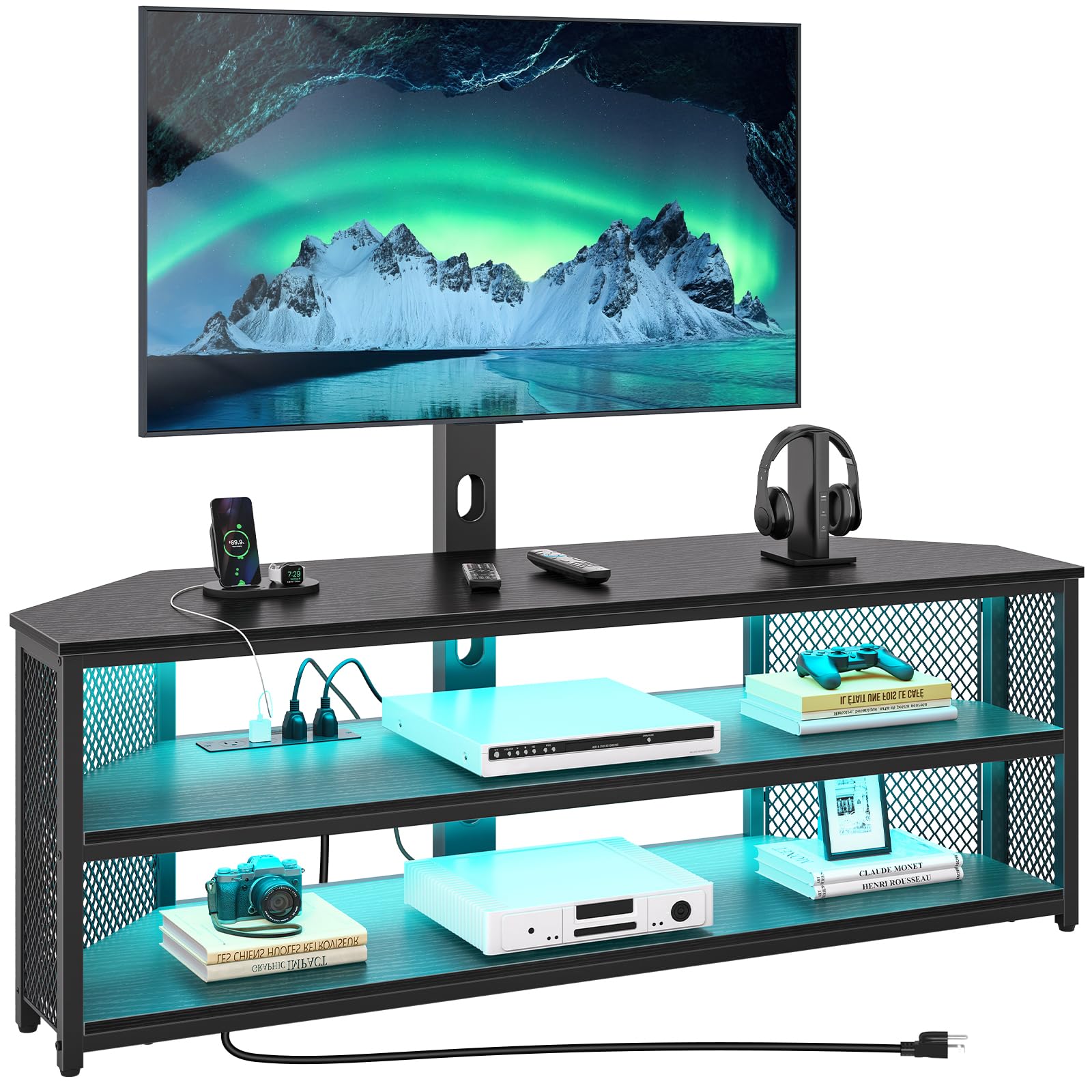 Rolanstar TV Stand with Mount and Power Outlet, Swivel TV Stand with LED Lights for 32/45/55/60/65/70 inch TVs, Black Entertainment Center Media Console with Height Adjustable Mount