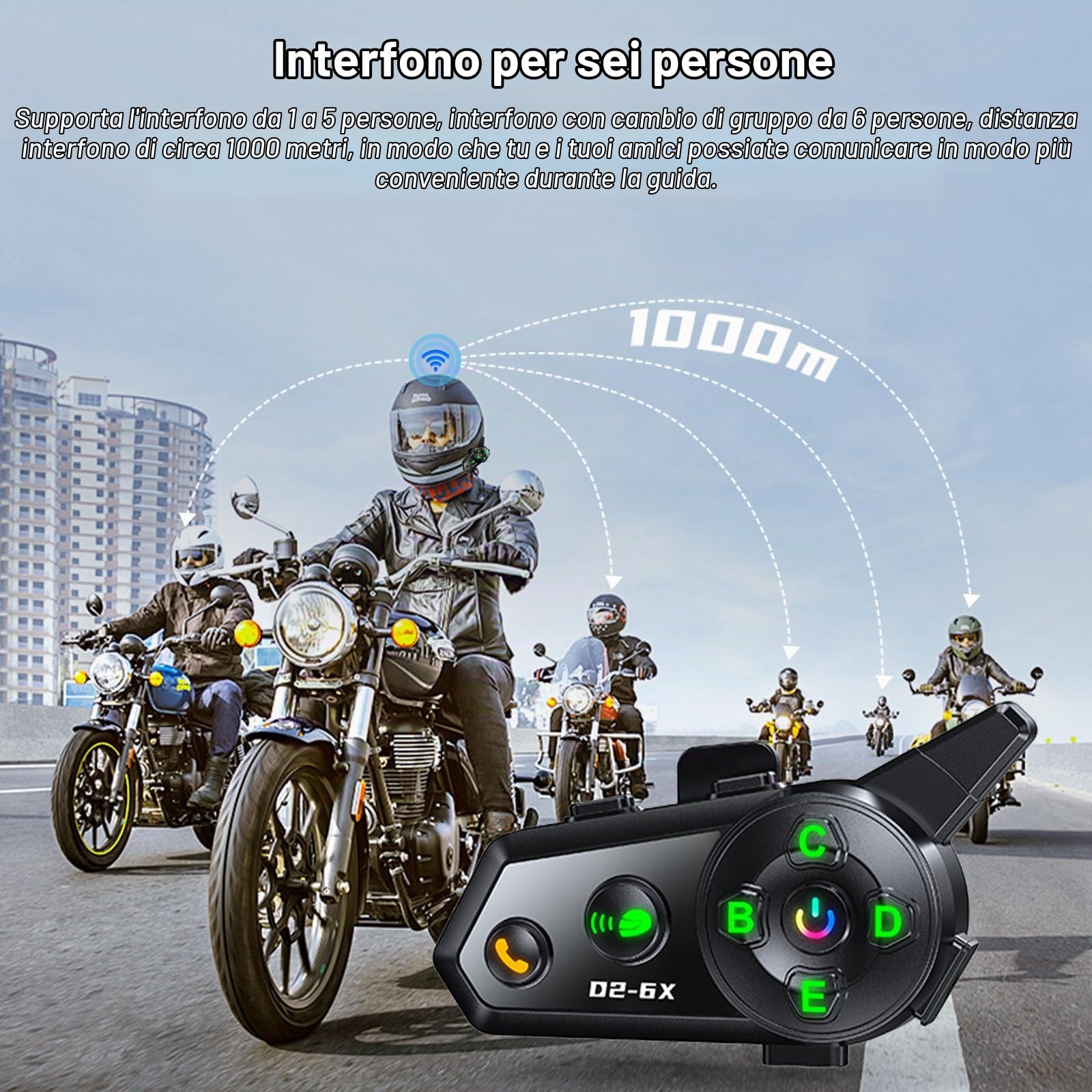 Interfono Moto Casco Auricolare Bluetooth Casco Moto Coppia con Doppio Chip per Multitasking Audio Cuffie 1000M Sistema di Comunicazione Casco 2 a 6 Motociclisti Compatibile con Tutti i Caschi