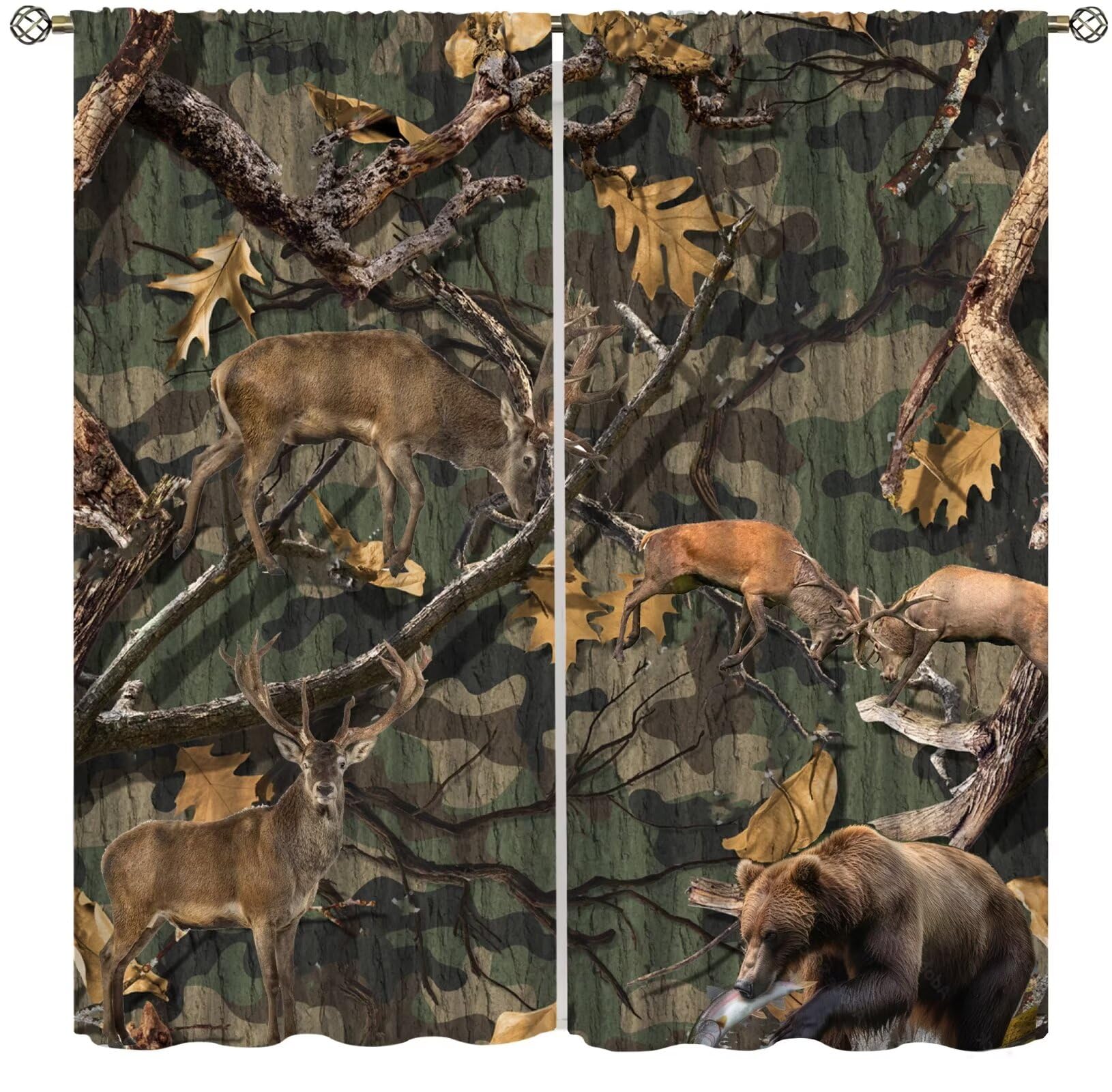 Yearn Jear Forest Camouflage Curtains, Forest Camo Rustic Deer Elk Bear Lodge Camp Cabin Theme Windows Door Curtain for Bedroom Living Room Home Decor