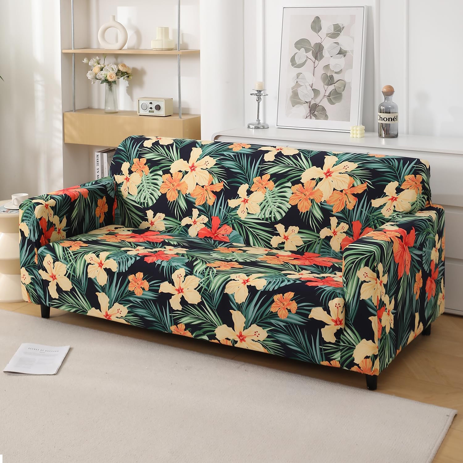 HOKIPO 4 Seater Sofa Cover - Grey Floral -25 HOKIPO 4 Seater Sofa Cover - Grey Floral -25