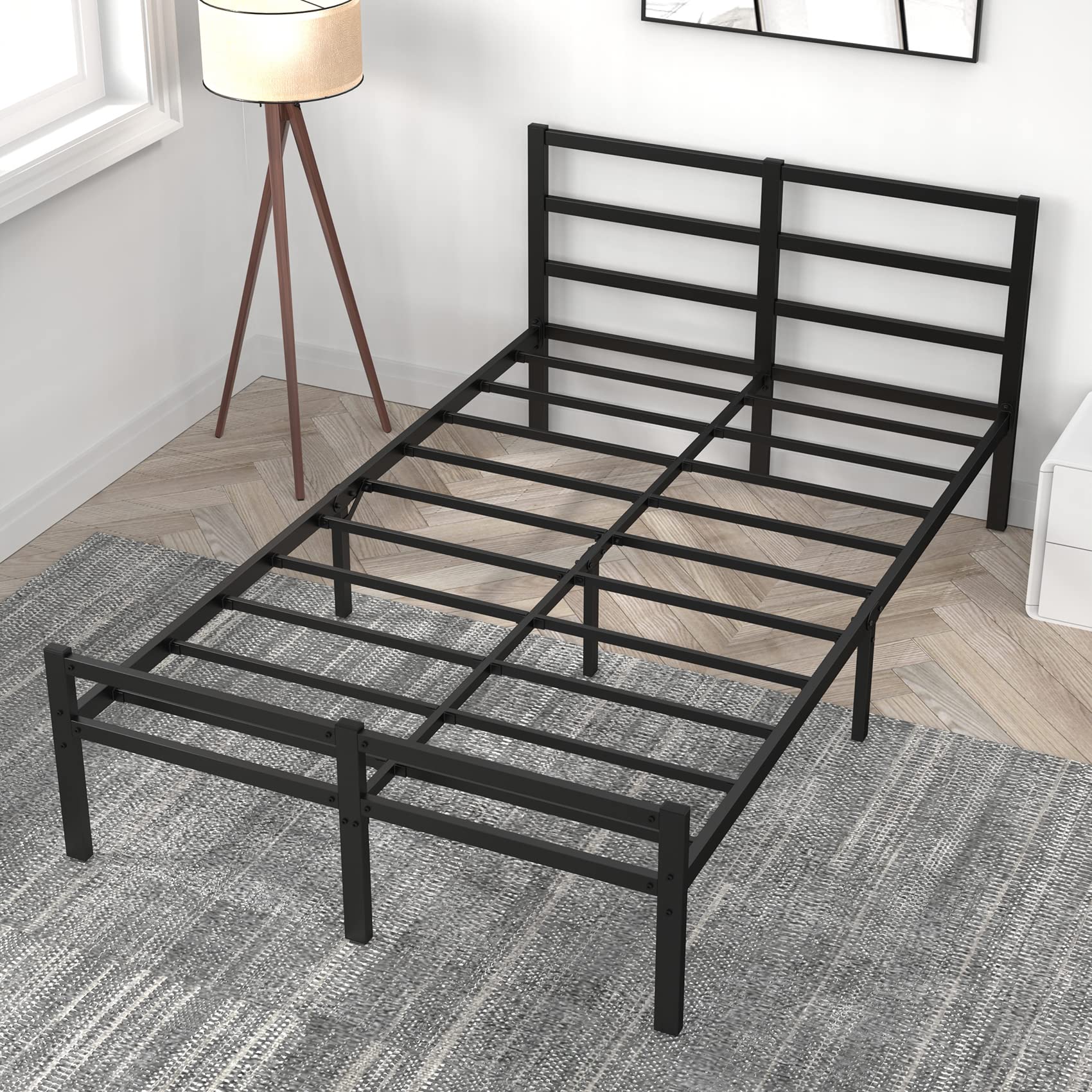 Mr IRONSTONE Full Size Bed Frame with Headboard Platform Bed with Storage no Box Spring Needed Assembly Mattress Foundation Black