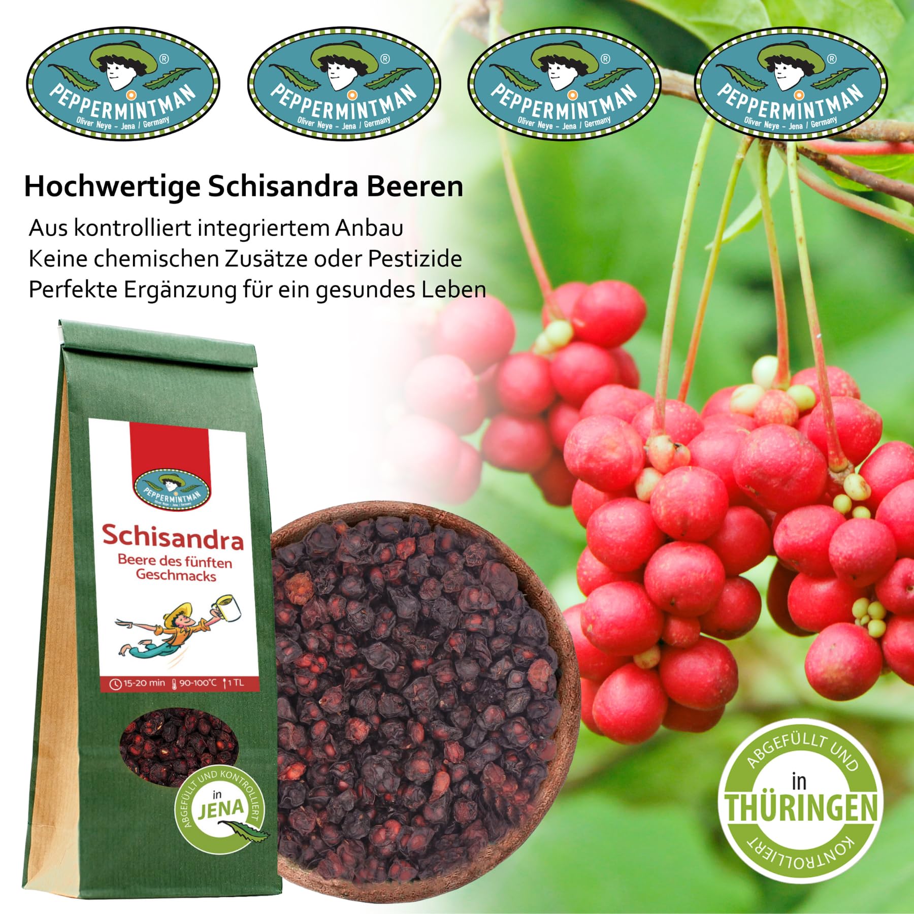 Schisandra jagody całkiem 150 g – ręcznie wyselekcjonowane rysy jako przekąska, pyszna herbata lub składnik do wielu potraw – Peppermintman