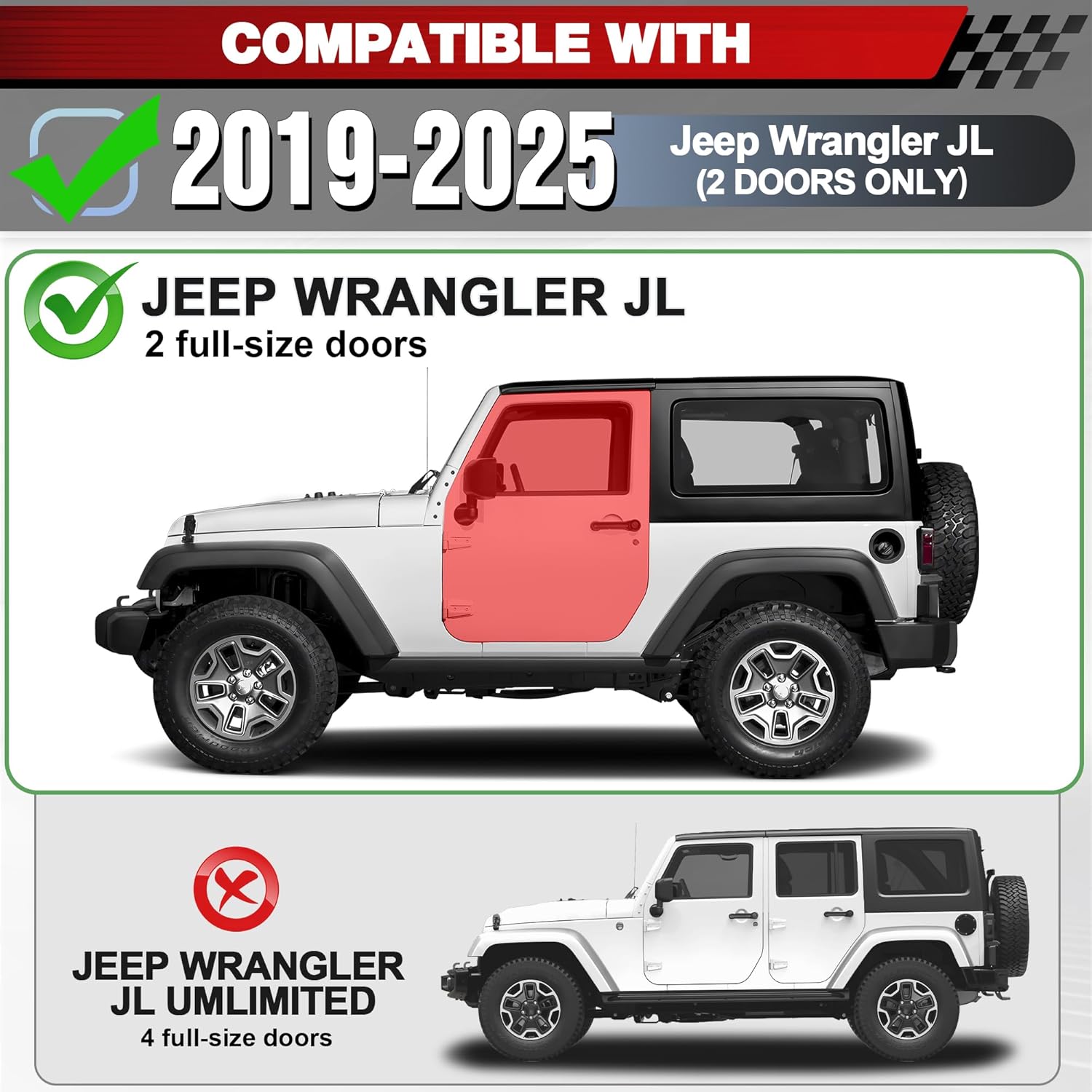 Running Boards Side Steps Raised Step Compatible with 2019-2025 Jeep Wrangler JL (2 Doors Only, 2 Stairs Side Step Rails Coated Black Carbon Steel Nerf Bars