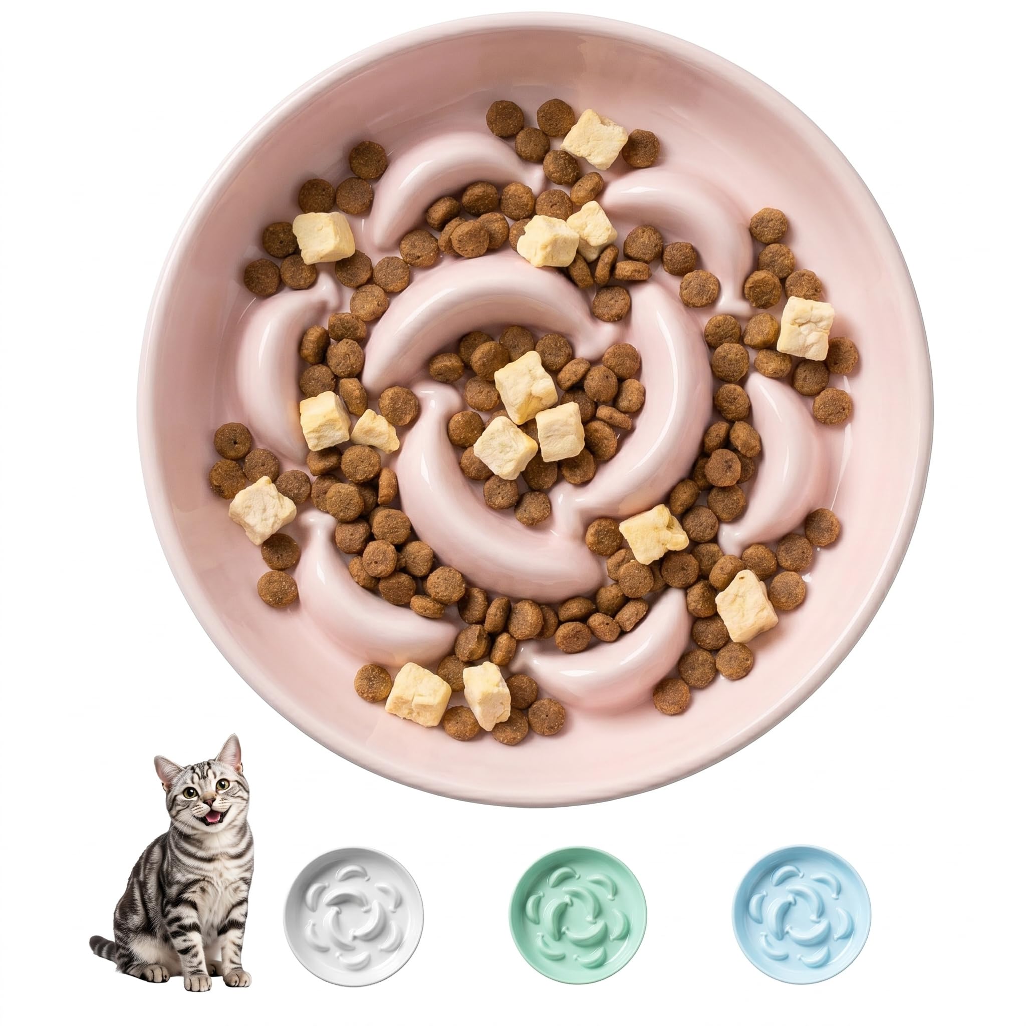 Ceramic Cat Slow Feeder Bowl - Pastel Series Cat Plate for Dry and Wet Food - Cute Maze Feeder Dish for Healthy Eating - Dishwasher Safe - 6.3''W x 1.2''H - 7 OZ - Light Pink โ image 1