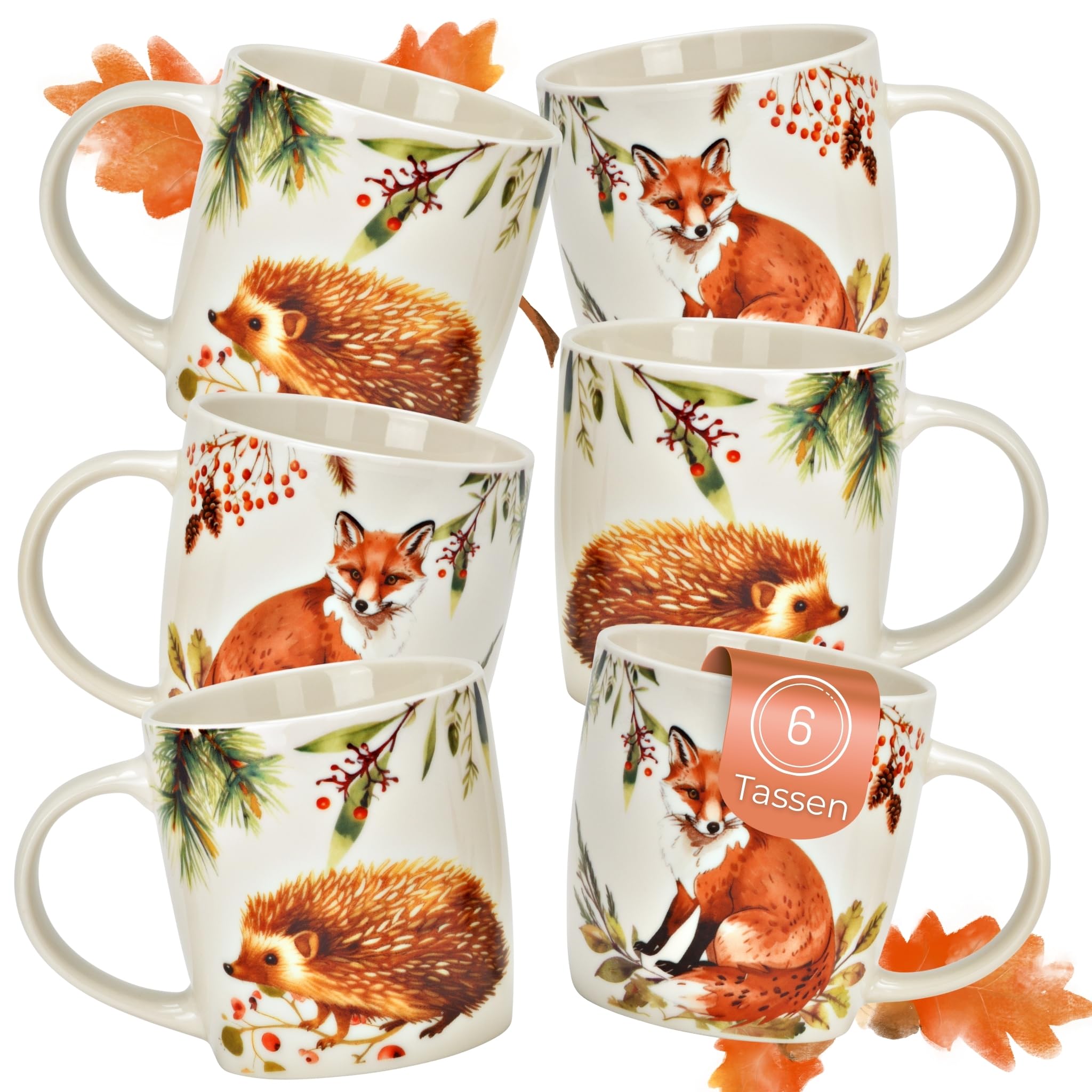 Lot de 6 tasses à thé d'automne, renard et hérisson, 350 ml, en porcelaine, passent au lave-vaisselle et au micro-ondes