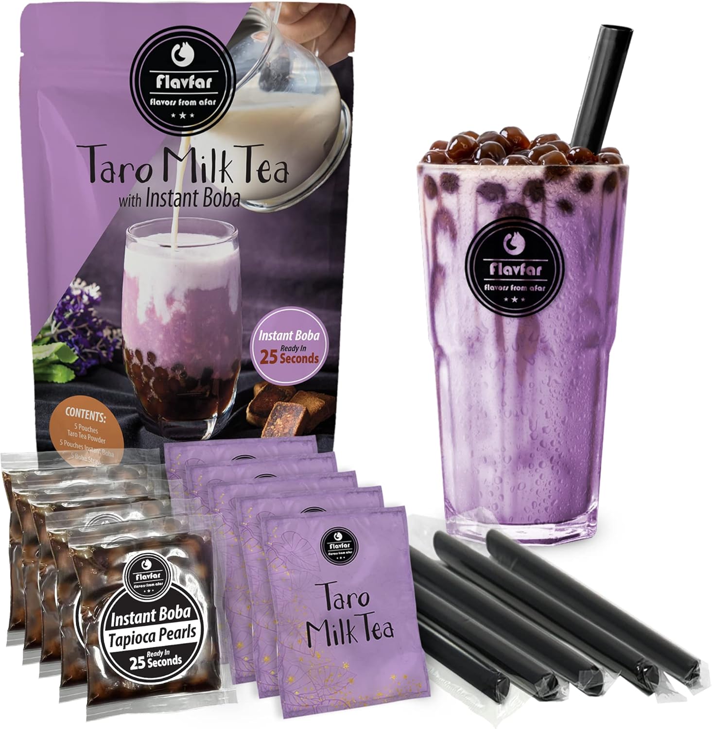 Flavfar Thé au taro au lait avec perles de tapioca instantanées Kit