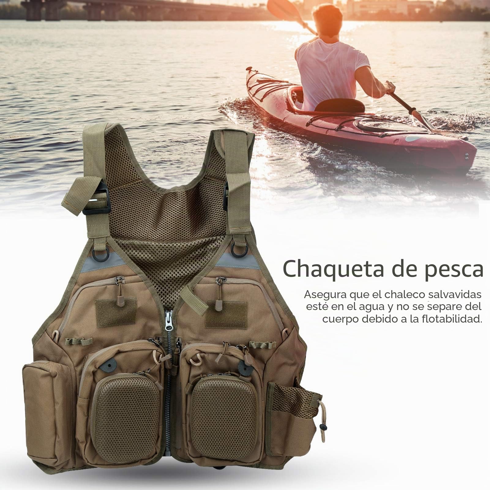 Drfeify Chaleco de Pesca de Bolsillo Múltiple Chaleco Deportivo Profesional con 6 Bolsillos Delanteros Bolsas de Malla Tiras Reflectantes Hebillas Ajustables para Actividades Al Aire