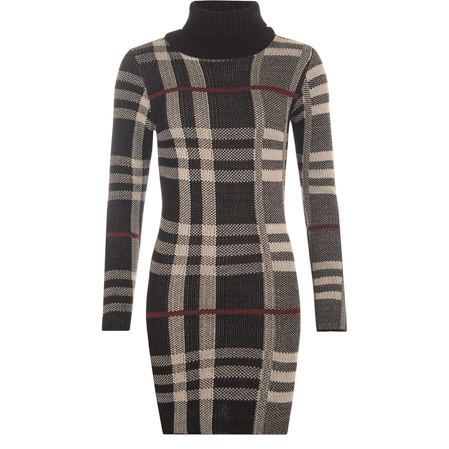 AAILA FASHION Ladies Long Sleeve Polo Cowl Neck Chunky Cable Knitted Long Dress Womens Midi Maxi Jumper Top Warm Sweater for Winter UK 8-22