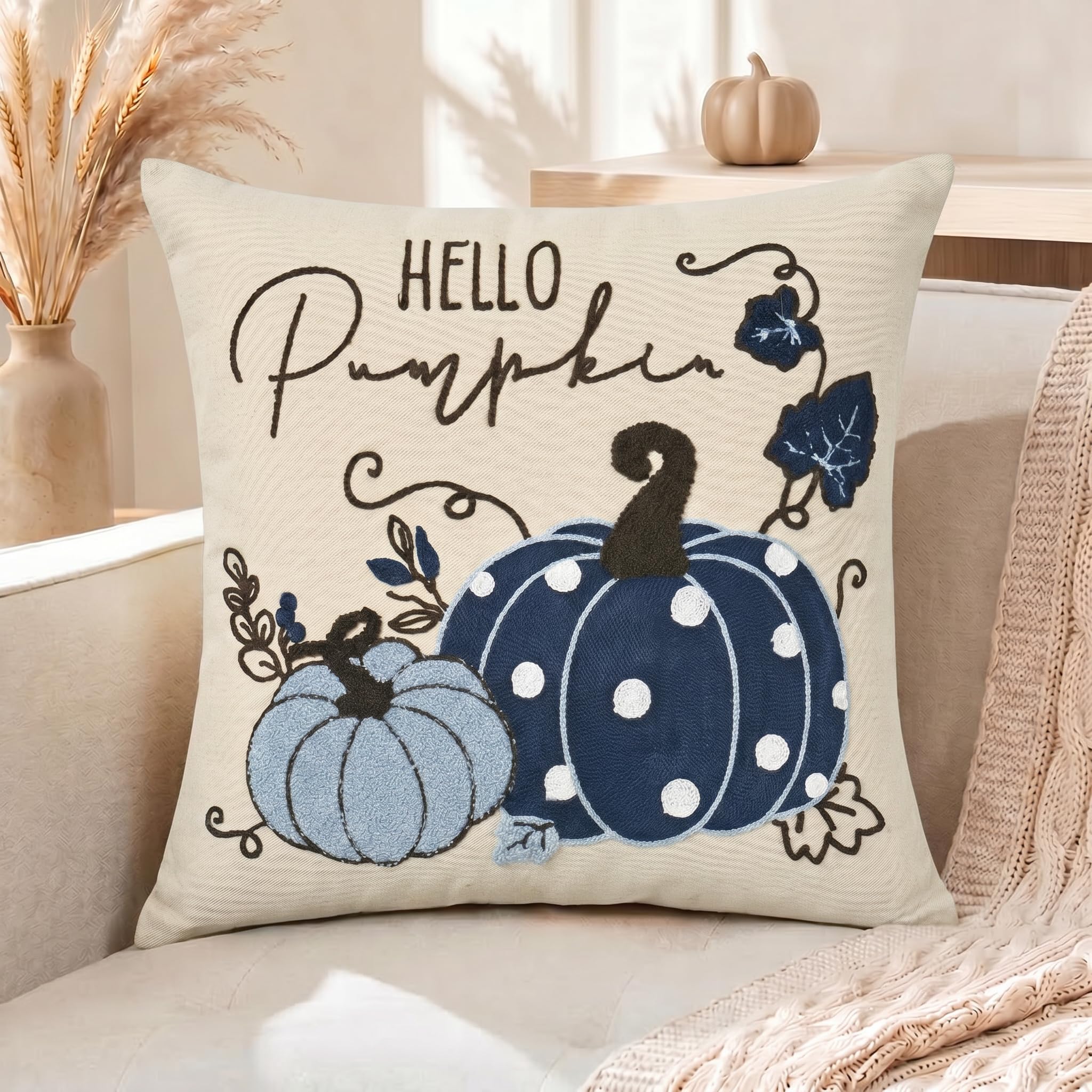 Artoid Mode Chain-stitch Dot Blue Pumpkins Autumn Cushion Cover 45x45 cm