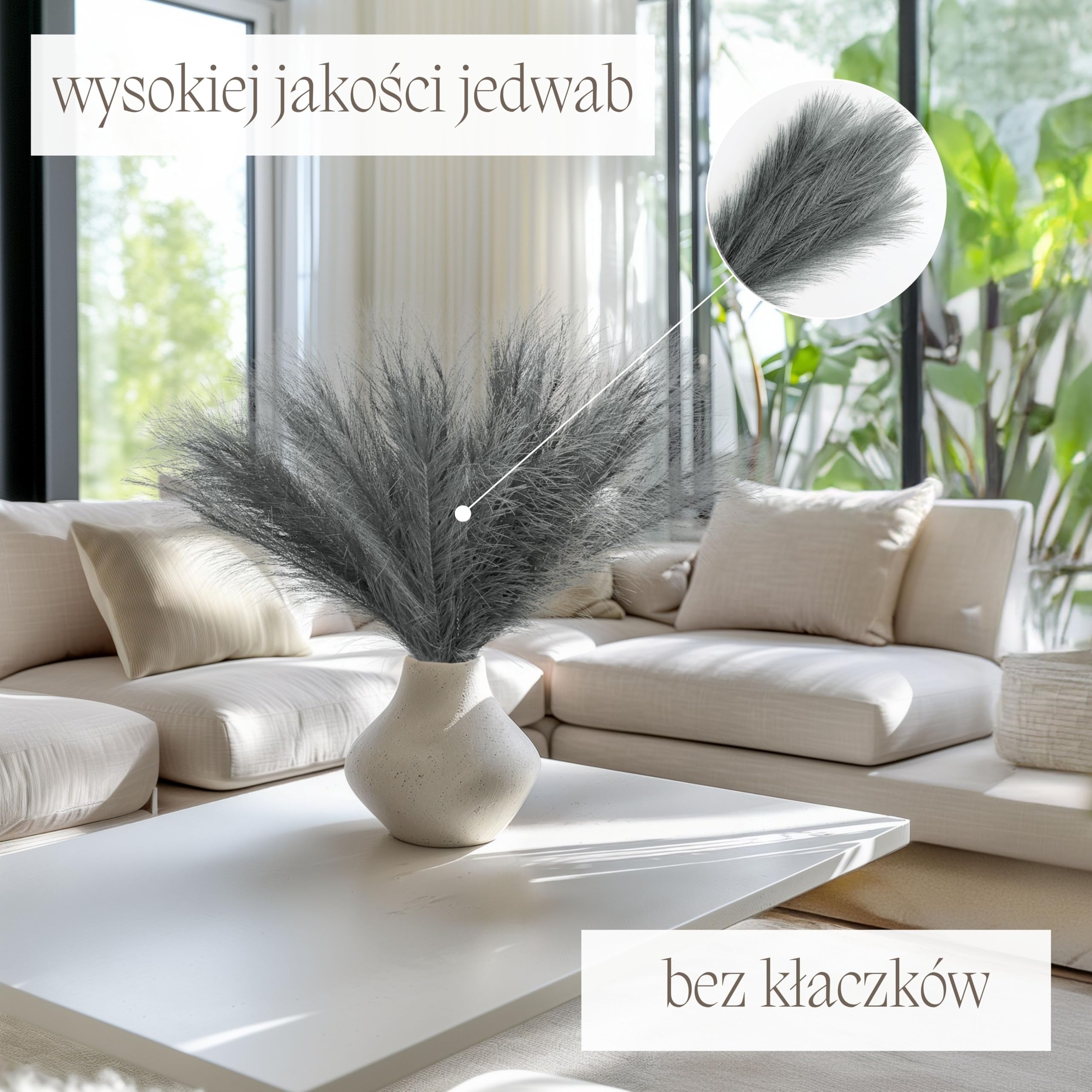 Nina-Maria's Deko Gold Sztuczna trawa pampasowa, mała, kolor szary, 5 łodyg, dlugość 55 cm, do salonu, sztuczne kwiaty do sypialni, na wesele, dekoracja boho