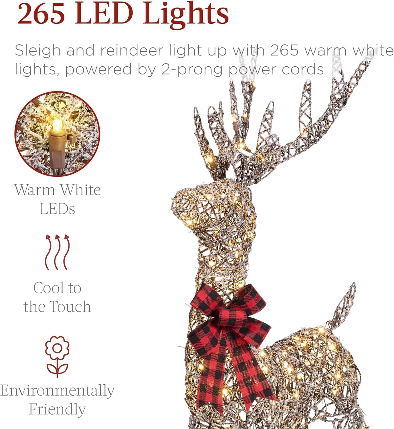 Best Choice Products XL Lighted Christmas 5ft Reindeer & Sleigh Holiday Outdoor Yard Decoration Set w/ 265 LED Lights, Stakes, Zip Ties - Rattan
