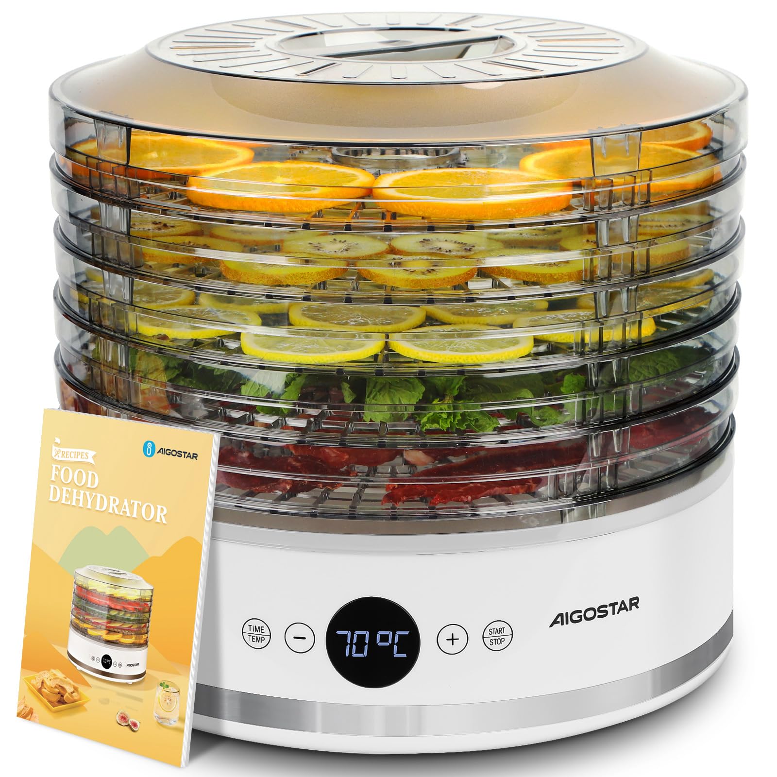 Aigostar Dörrautomat, LED-Anzeige, 5 höhenverstellbaren Tabletts, 48h-Timer, Dörrgerät mit "FAN"-Modus & einstellbarer Temperatur 35-70°C, leiser Betrieb, 380W, BPA-frei, Rezeptbuch inklusive