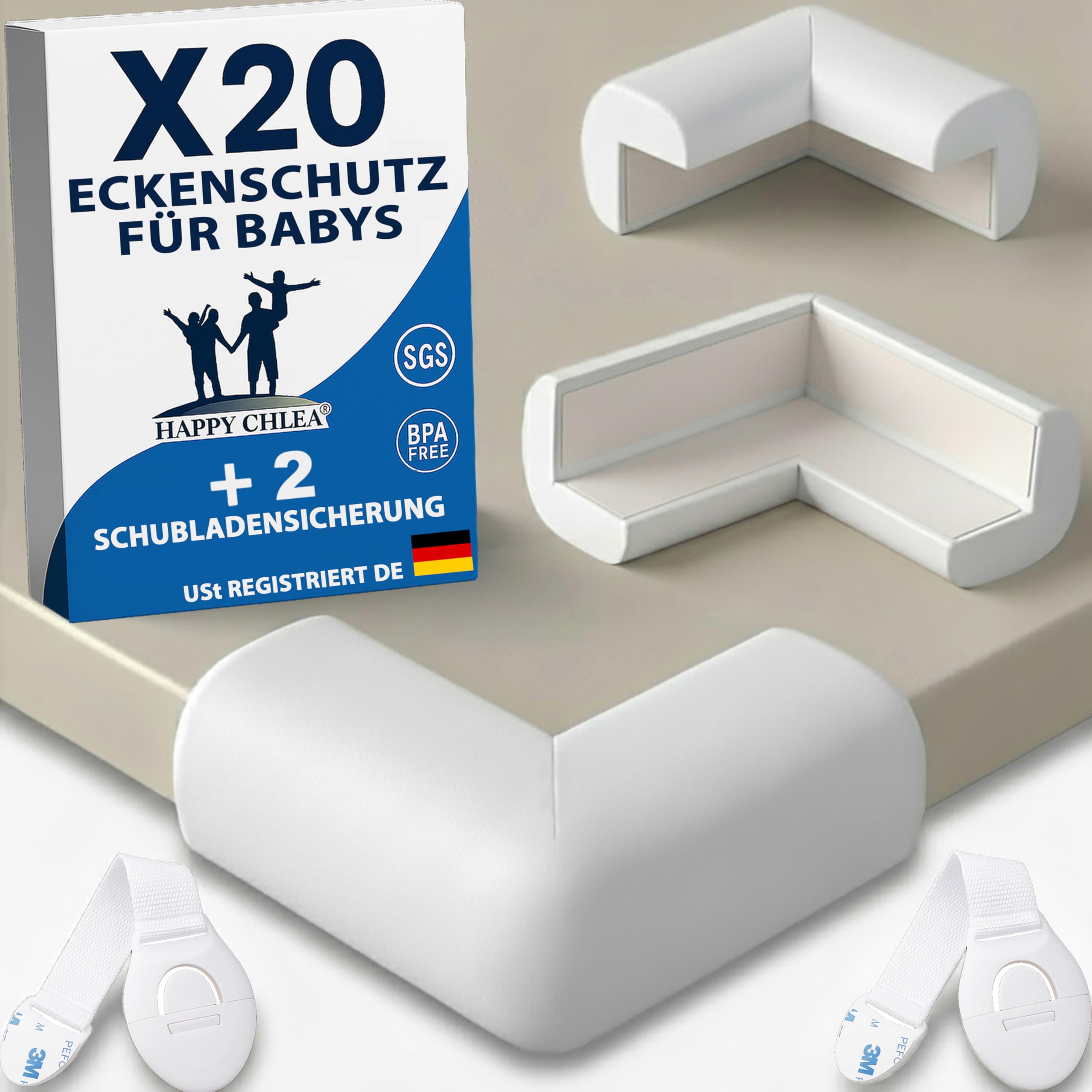 Happy Chlea 20x Eckenschutz Baby & Kantenschutz – Selbstklebender Tischkantenschutz aus Gummi mit Aktivschaum, 2 Schubladensicherungen, Stoßschutz für Tisch, Bett & Möbel