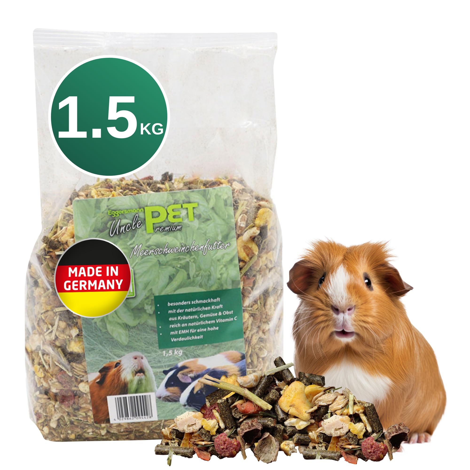Eggersmann Uncle Pet - Premium Meerschweinchenfutter - Müsli für Meerschweinchen mit der natürlichen Kraft aus Kräutern, Gemüse und Obst (1,5 kg Beutel)