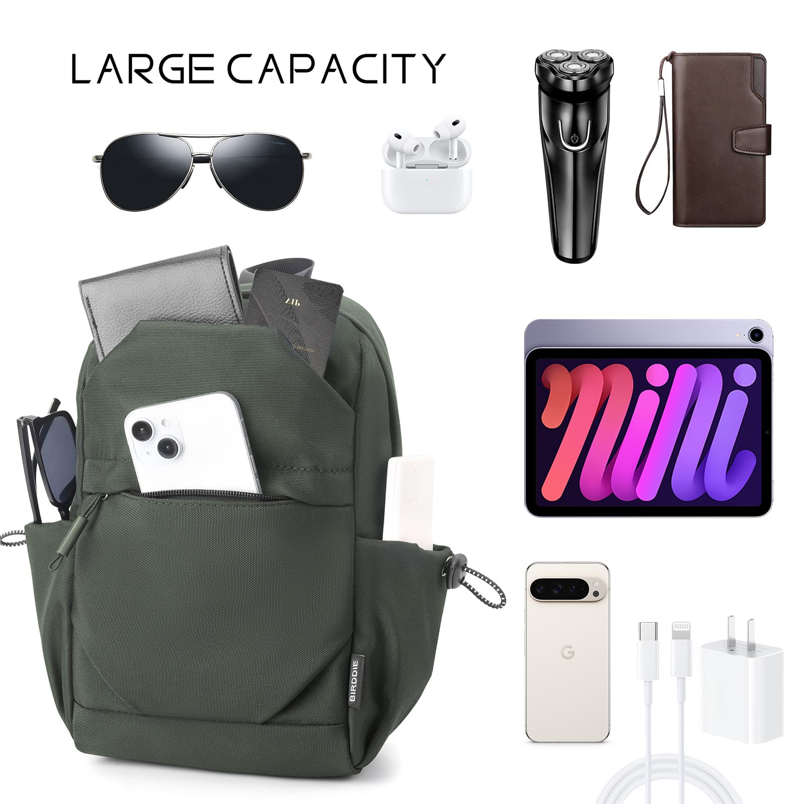 BIRDDIE Borsa a tracolla crossbody, zaino da trekking con tracolla regolabile per viaggi, escursioni, shopping, tempo libero e sport