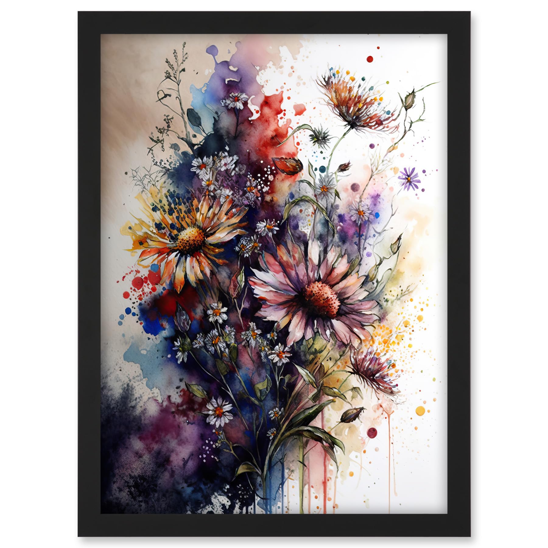 Artery8 Flower Bouquet over Watercolour Splat Illustration Artwork Framed A3 Wall Art Print