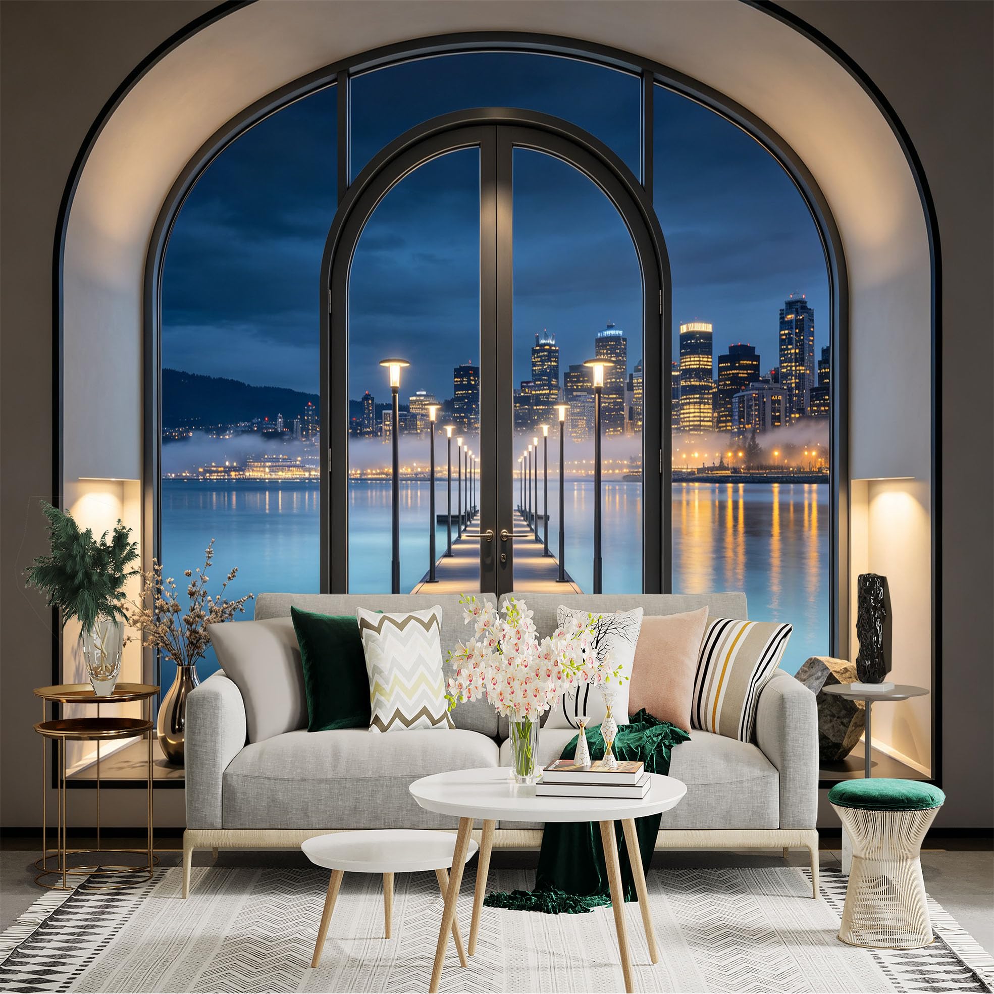 Custom Size Wall Sticker Mural， Night City Skyline Lake View Pier Lights， for wall Decoration， peelandstick wall Decals.