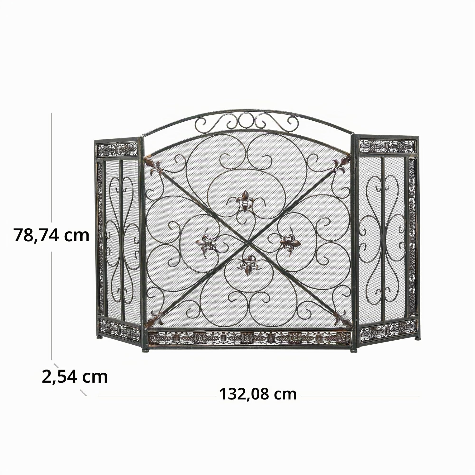 Deco 79 Paravento per caminetto pieghevole in rete metallica a 3 pannelli con motivi Fleur De Lis e volute, 52" x 1" x 31", Nero