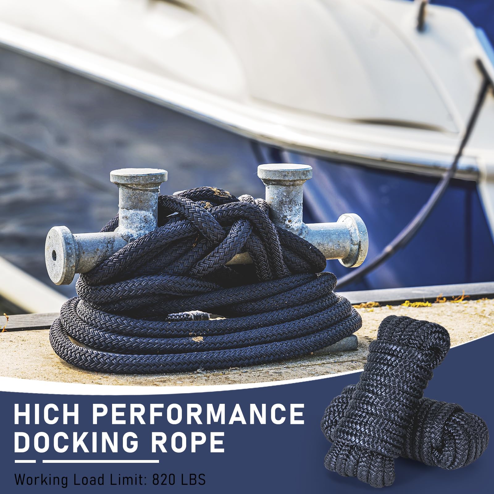 3/8 Inch x 15ft Marine Dock Lines (4 Pack) – Double Braided Nylon Boat Rope Pre-Spliced with 12