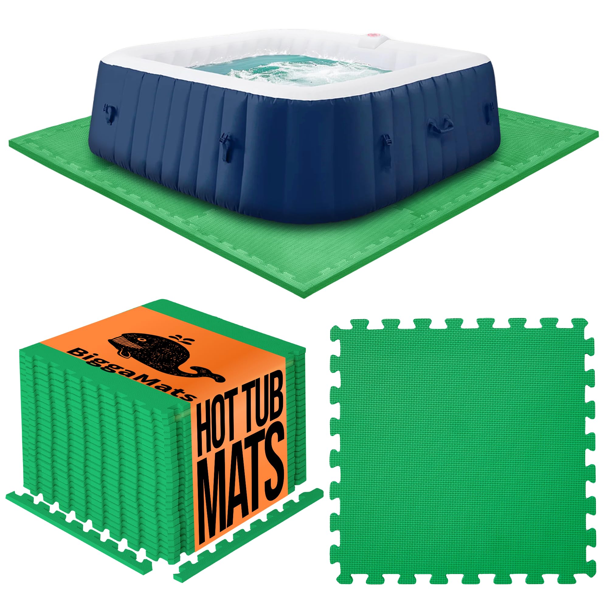 BIGGAMATS EVA Foam Hot Tub Mat | Light Green Non-Slip Interlocking Pool Mats | 50 x 1.4 cm Waterproof Outdoor Mats for Hot Tub, Spa & Paddling Pool | Pack of 50