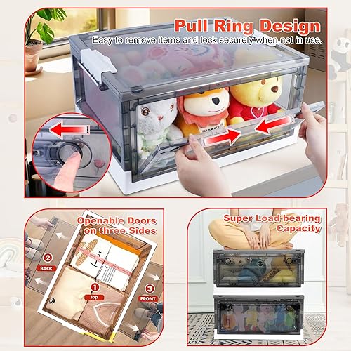 Miniatura 3 de DR DAPPER Caja de juguetes, organizadores de juguetes, contenedores de almacenamiento plegables apilables con tapas y ruedas, 3 puertas abiertas,