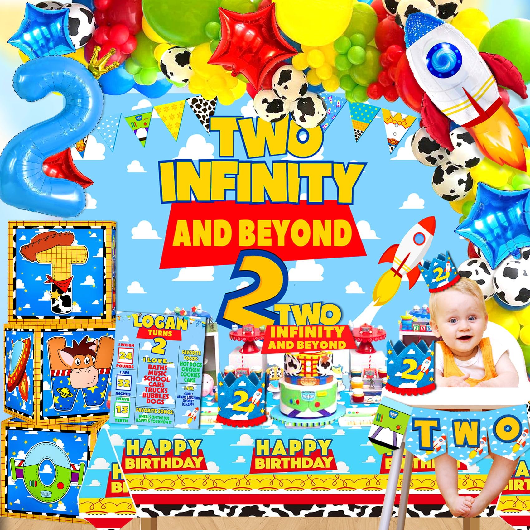 Two Infinity and Beyond Birthday Decorations, Story 2nd Party Supplies,Balloons Backdrop Crown Tablecloth Cake Topper Balloon Box for 2 Infinity and