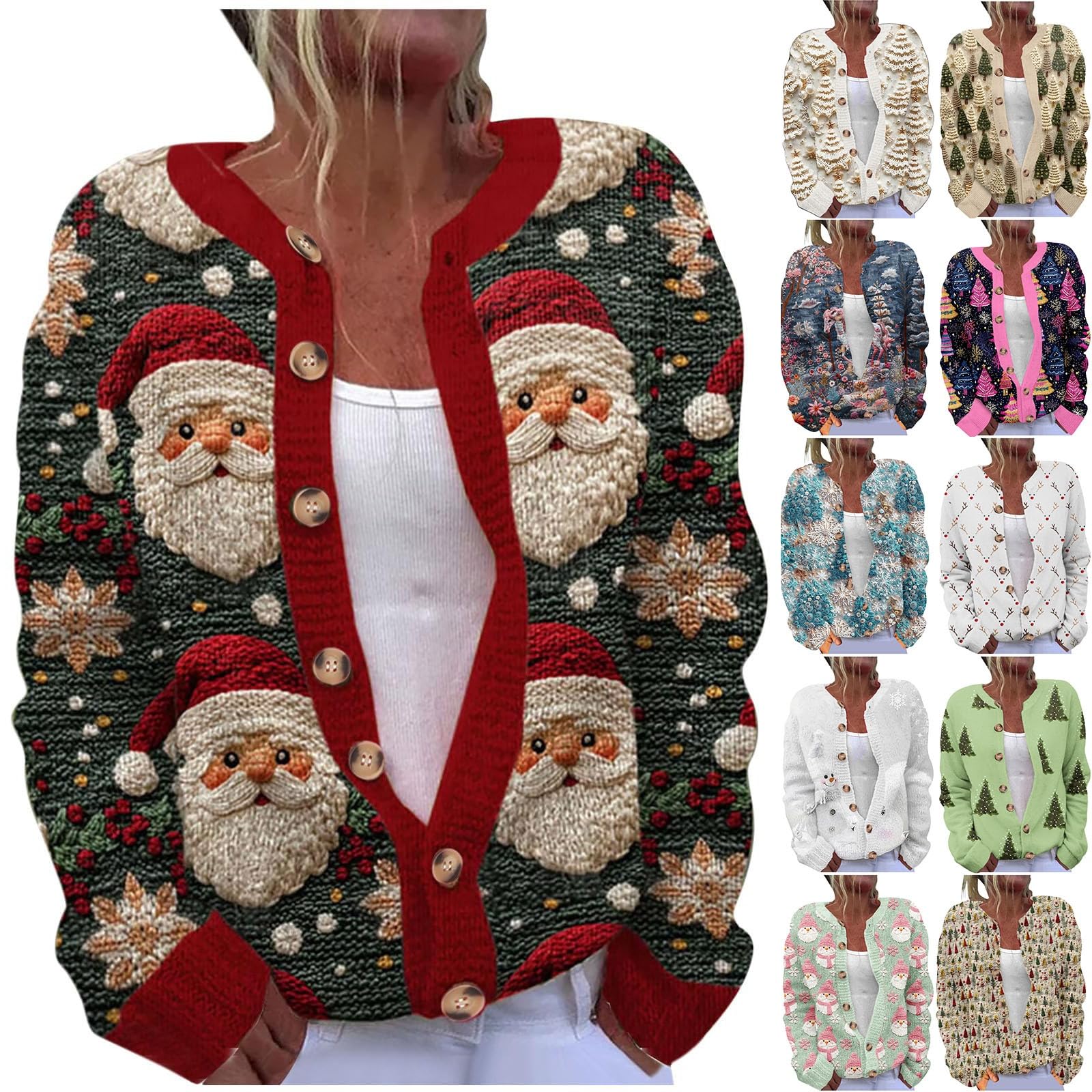 Womens Ugly Christmas Cardigan Sweaters Button Up Knit Santa Xmas Sweater Funny Warm Coats V Neck Outwear
