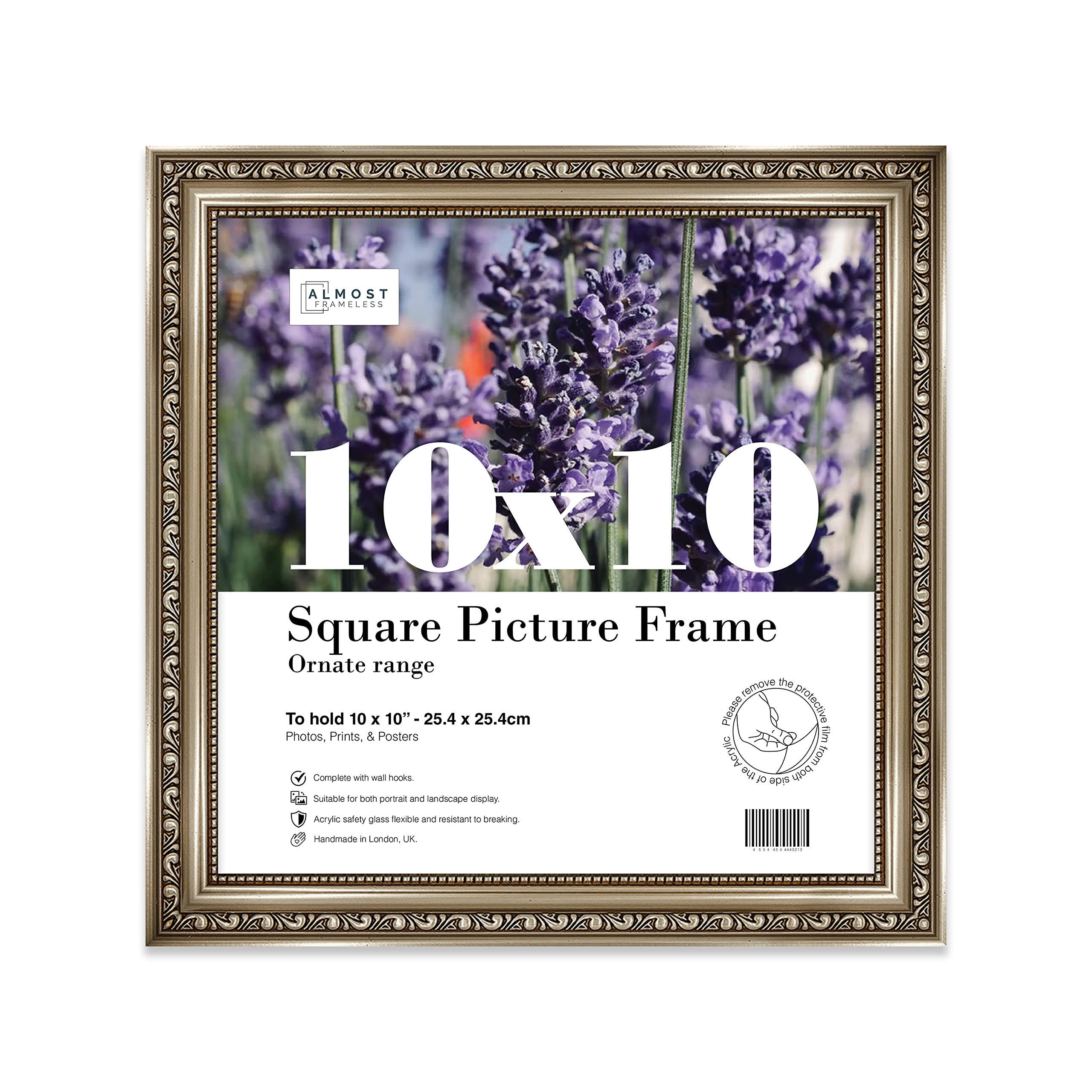 Almost Frameless 10x10 Gunmetal Ornate Picture Frame 10"x10"(25.4x25.4cm) Poster, Photo, Artwork, or Print. Elegant Style Portrait and Landscape Display with Wall Hooks