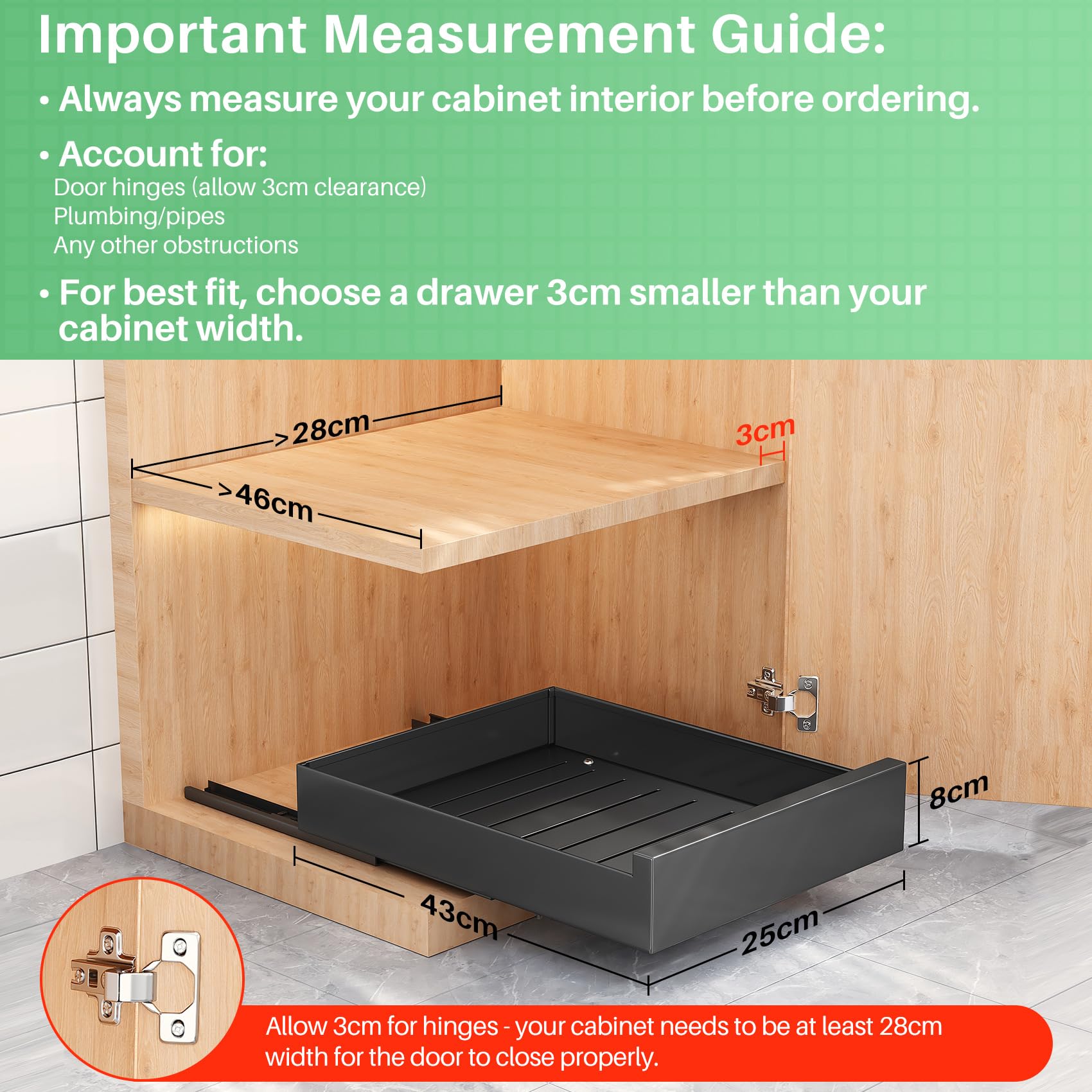 Cassetti Estraibili Per Cucina - Kit Scorrevole Senza Foratura, Bianco, 25x43x9cm | Organizzazione Armadi - Foto 10
