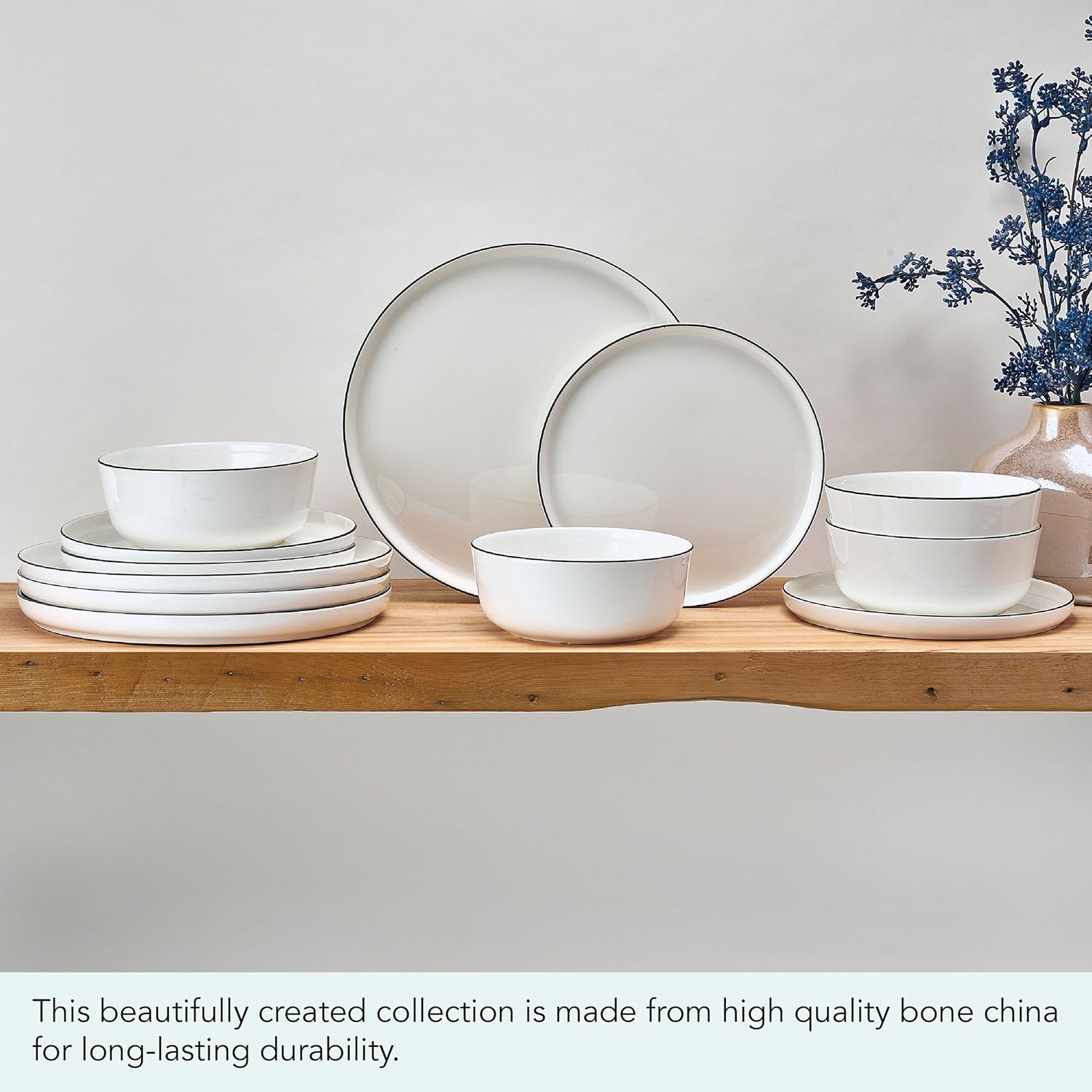 Mikasa Samantha 12 Piece Bone China Dinnerware Plate and Bowl Set, Service for 4, Black Banded Rim, Chip-Resistant, Lightweight, Durable, White