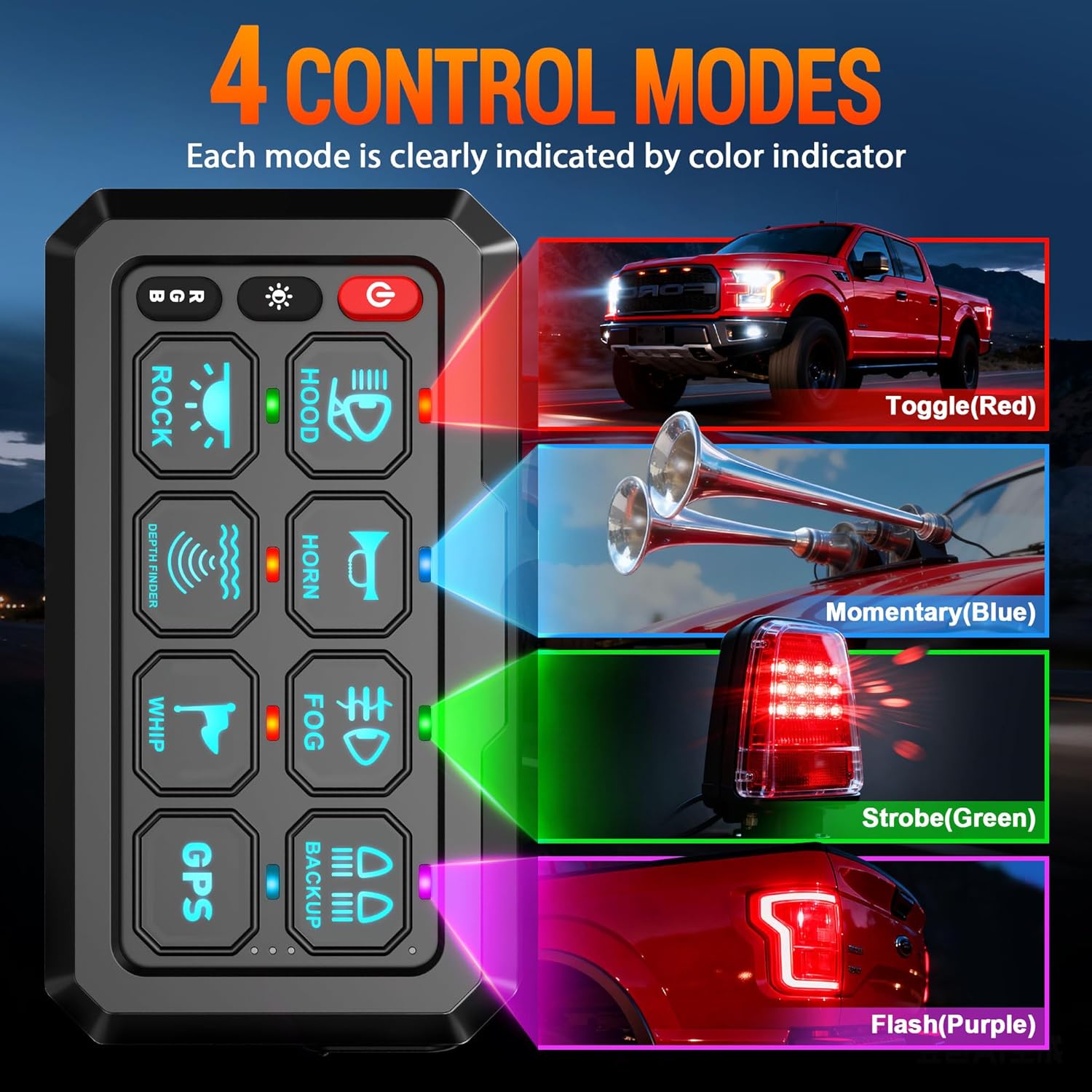 P1s-W Wireless 8 Gang Switch Panel, 328FT Remote Control Range Multifunction Toggle Momentary Flash Strobe Circuit Control Relay System Box for Boat Truck ATV UTV SUV Car