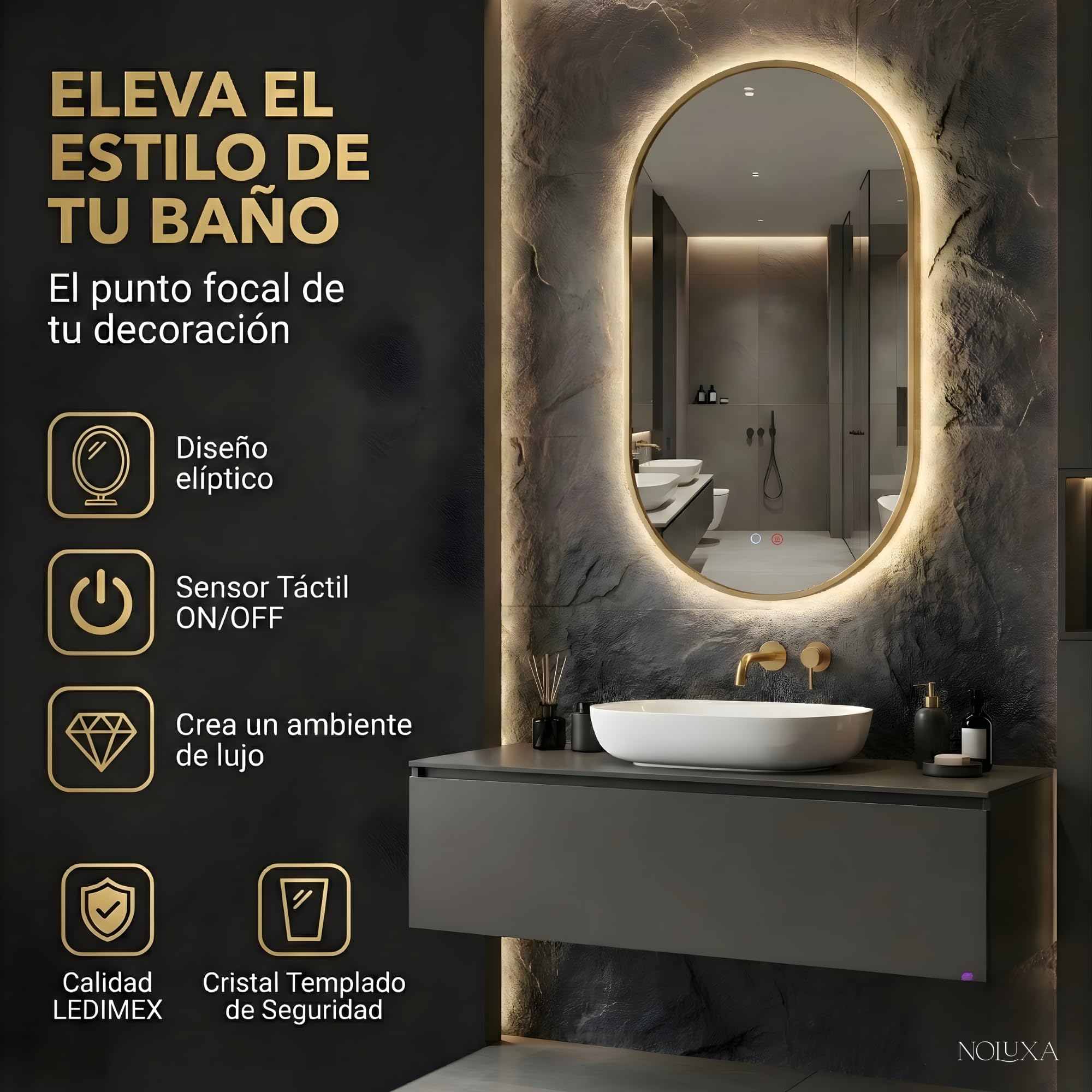 NOLUXA LEDIMEX - Espejo 50x90cm Retroiluminado Baño Dorado con Luz LED y Antivaho | Espejo Inteligente Ovalado Triled (Cálida, Neutra y Fría) y Sensor ON/Off | Serie Tokyo | Color Oro Cepillado