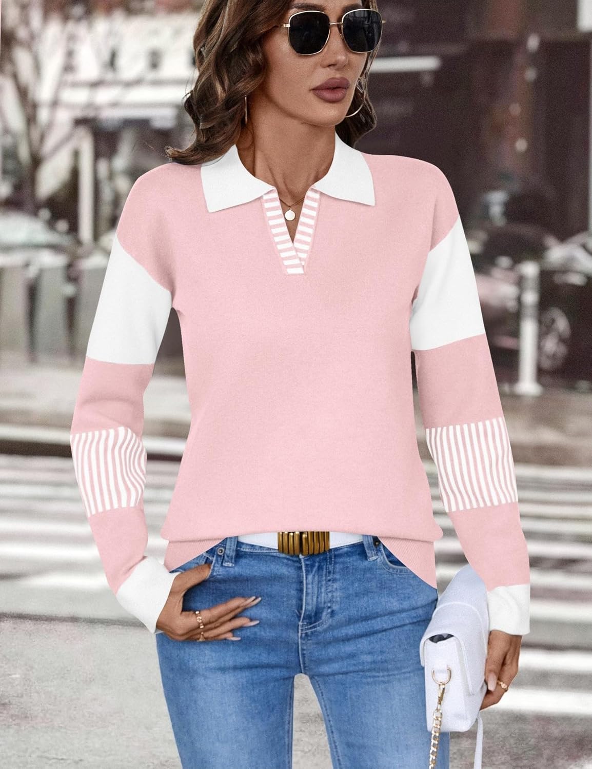 LOMON V Neck Long Sleeve Loose Sweaters Color Block Striped Knitted Pullover Jumper Tops - Image 3