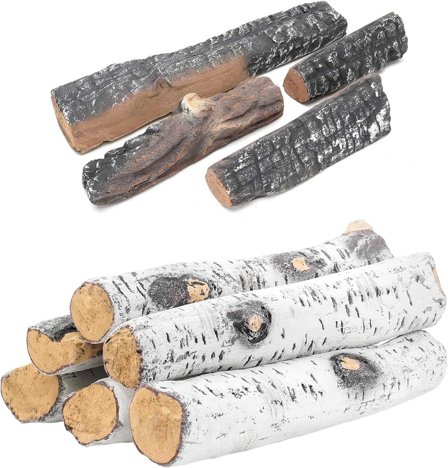 Skyflame 4 Small Pcs Ceramic Wood Logs and 6 Piece Set of Large White Birch Ceramic Logs for All Types of Indoor/Outdoor Gas Inserts, Ventless, Fireplaces and Fire Pits