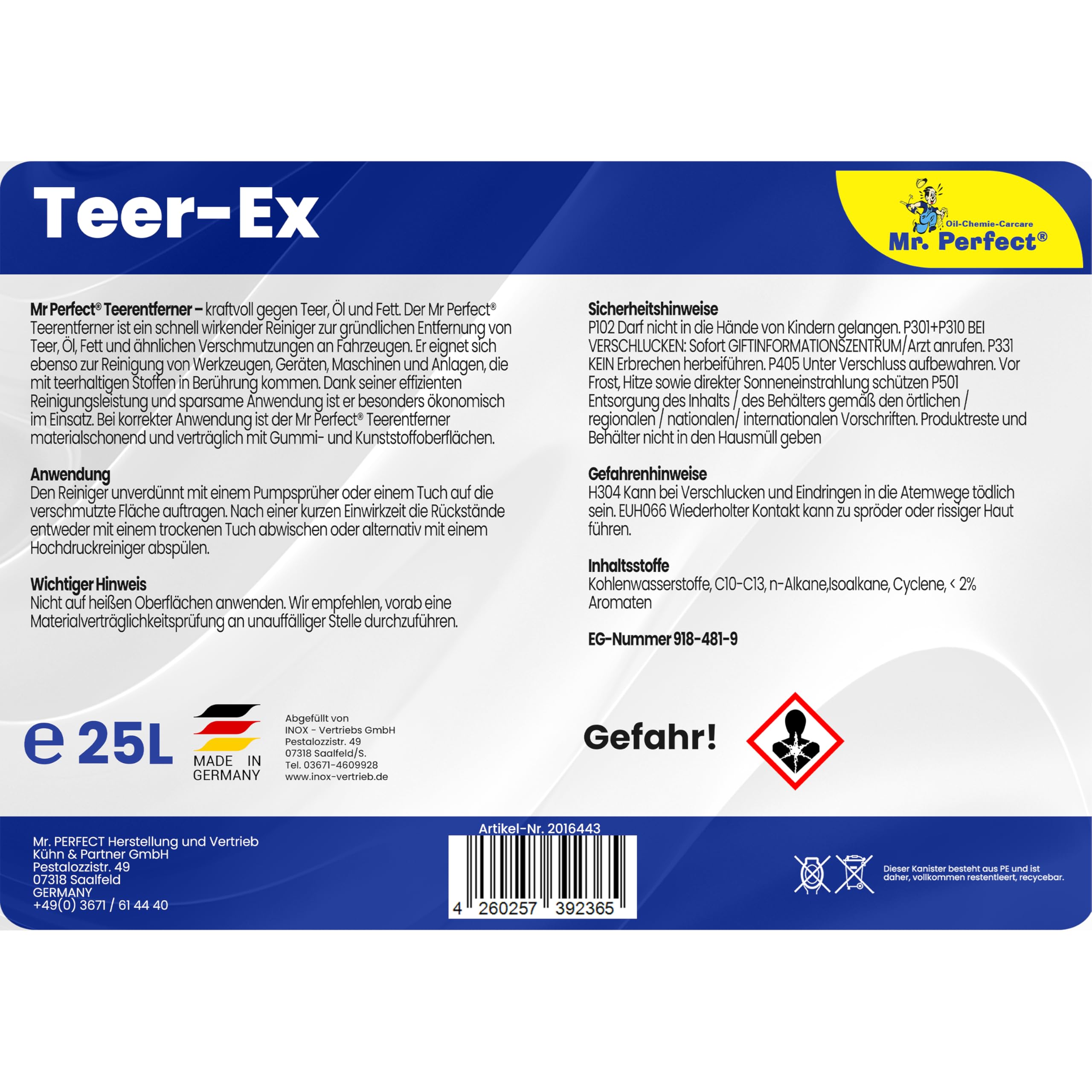 Mr. Perfect® Professioneller Teerentferner Auto - 25L I Bitumen Entferner - Entfernt effektiv Teer, Bitumen, Öl & Fett I Baumharzentferner - Teer Entferner für Auto, Wohnmobil, Werkzeuge & Mehr