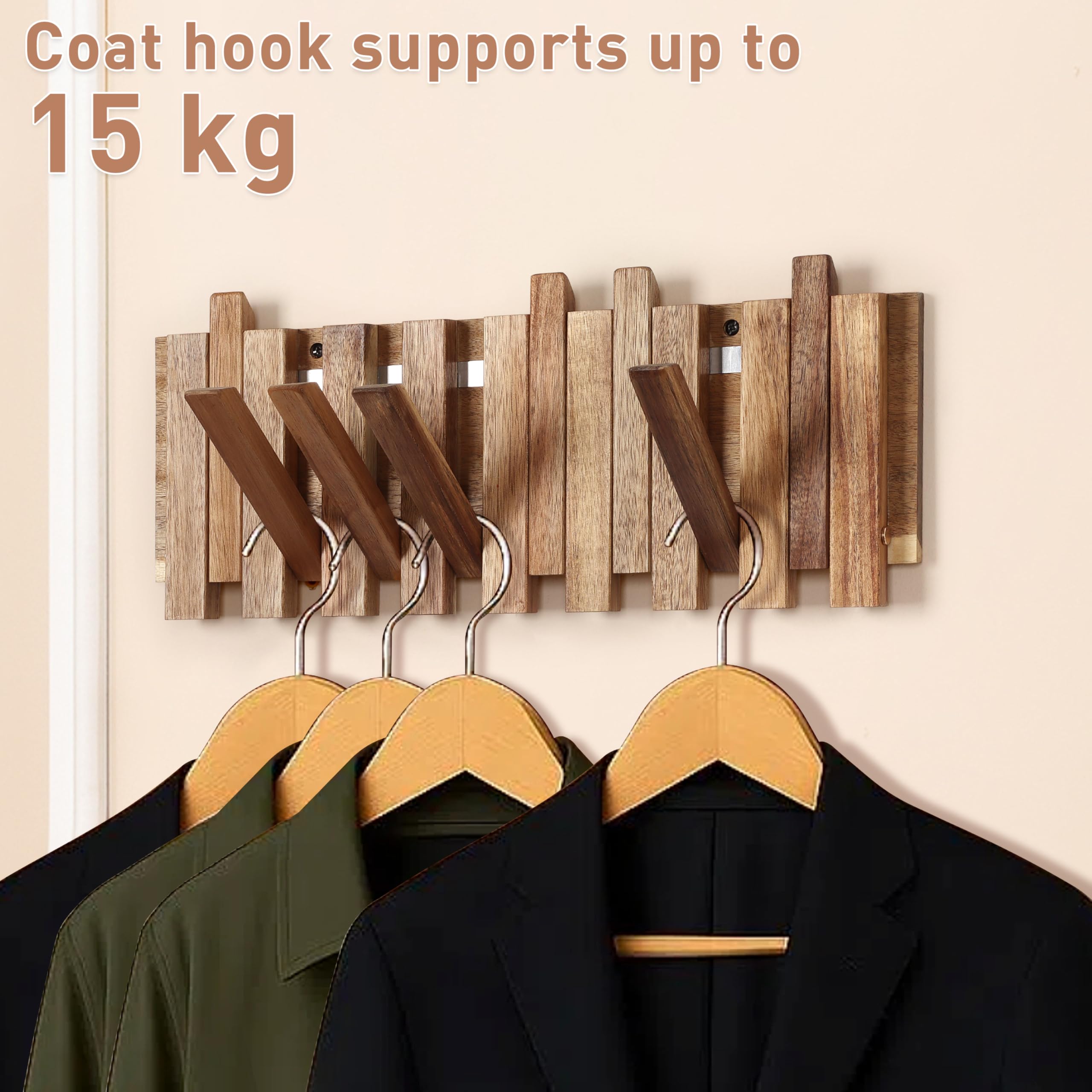 KINGSOW Porte-manteau mural en bois rustique 8 crochets rabattables - 42,5 x 17 x 2,5 cm - Gain de place - Crochets muraux pour couloir, manteaux, vestes, sacs, chapeaux (style décalé)