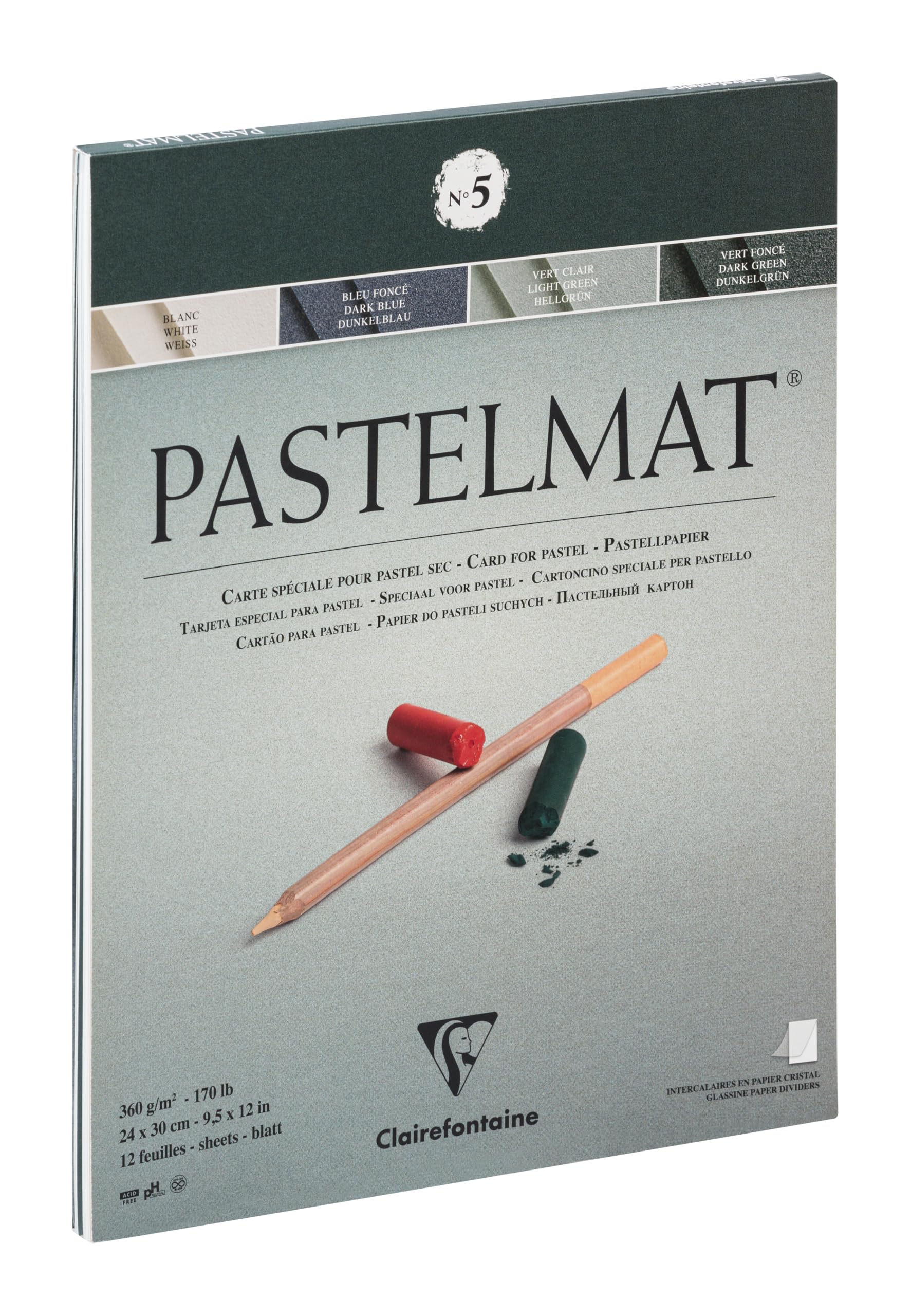 Clairefontaine - Ref 96114C - Pastelmat Pastel Card Pad No.5 (12 Sheets) - 360gsm Card - 24 x 30cm - Assorted Colours - Specially Formulated For Use With Pastels