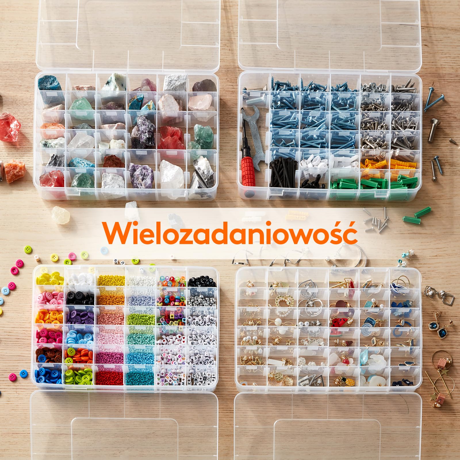 Lifewit 3-pak 36 Kratek Jasny Piętrowy Plastikowy Pojemnik Przechowywania Z Regulowanymi Przegródkami Dla Koralików, Diy Sztuki, Rzemiosła, Biżuterii, Sprzętu Rybackiego Z 5 Arkuszy Naklejki Etykiety